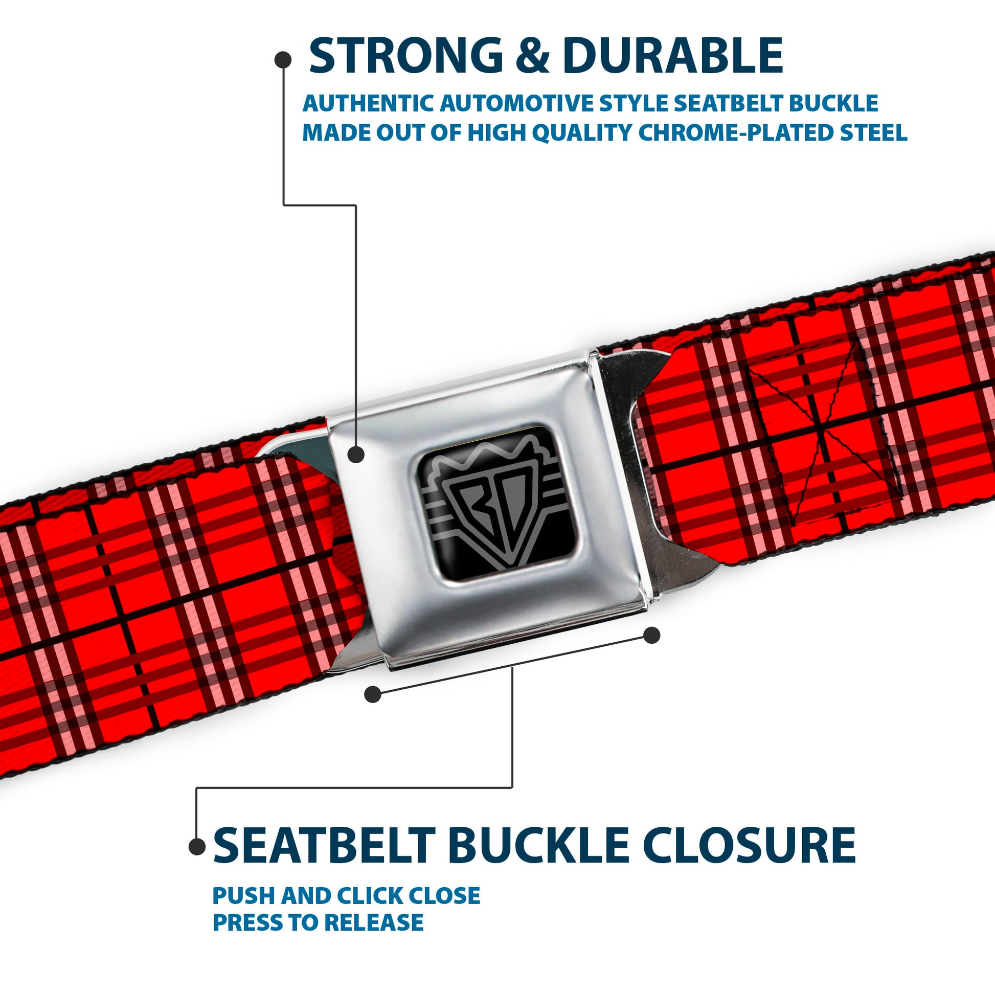 BD Wings Logo CLOSE-UP Full Color Black Silver Seatbelt Belt - Plaid Red Webbing Seatbelt Belts Buckle-Down