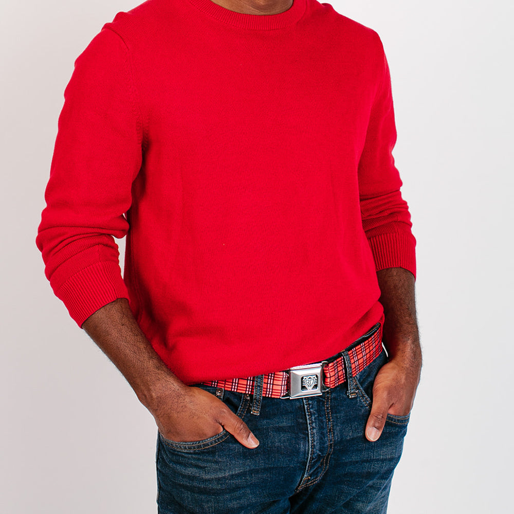 BD Wings Logo CLOSE-UP Full Color Black Silver Seatbelt Belt - Plaid Red Webbing Seatbelt Belts Buckle-Down