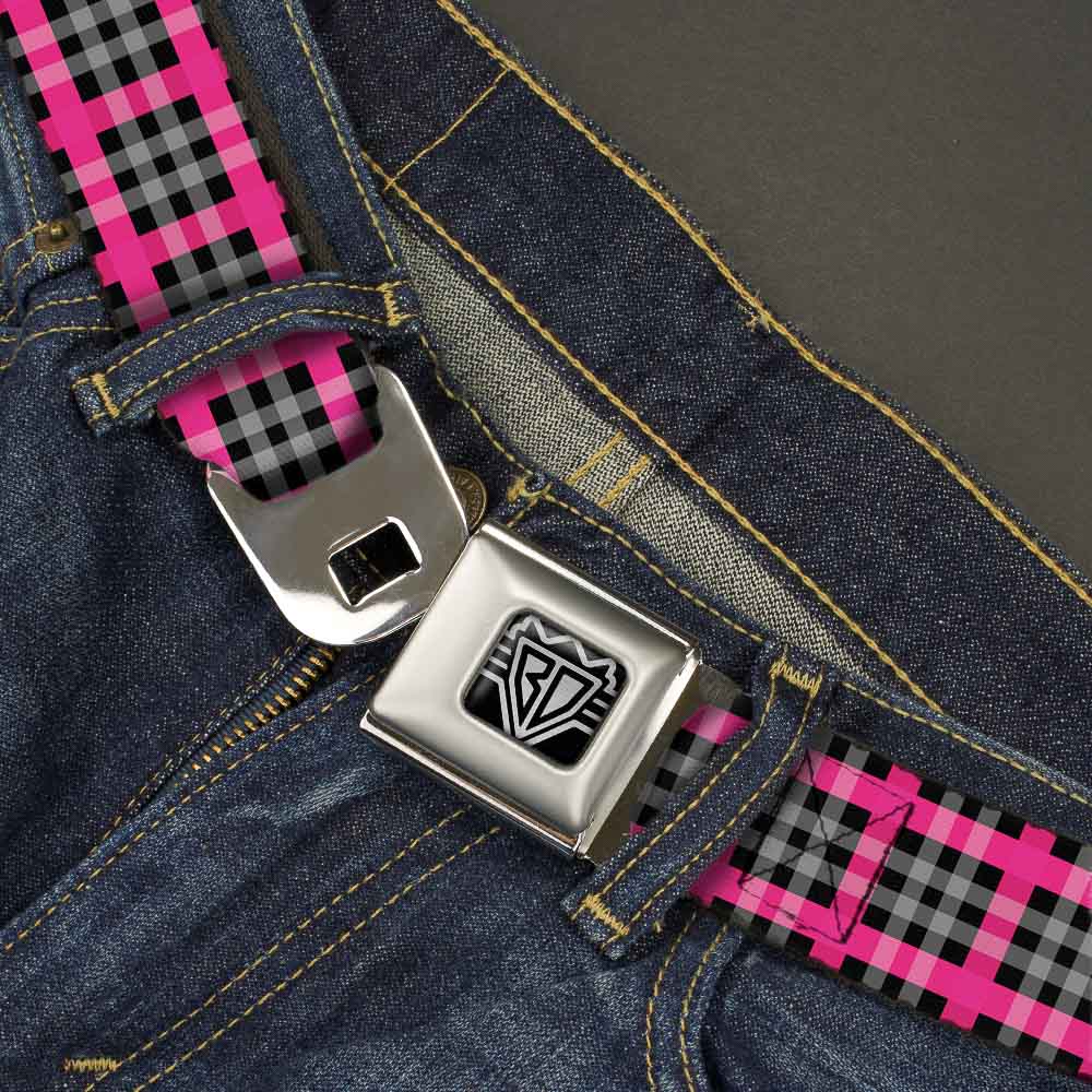 BD Wings Logo CLOSE-UP Full Color Black Silver Seatbelt Belt - Plaid Black/Gray/Fuchsia Webbing Seatbelt Belts Buckle-Down