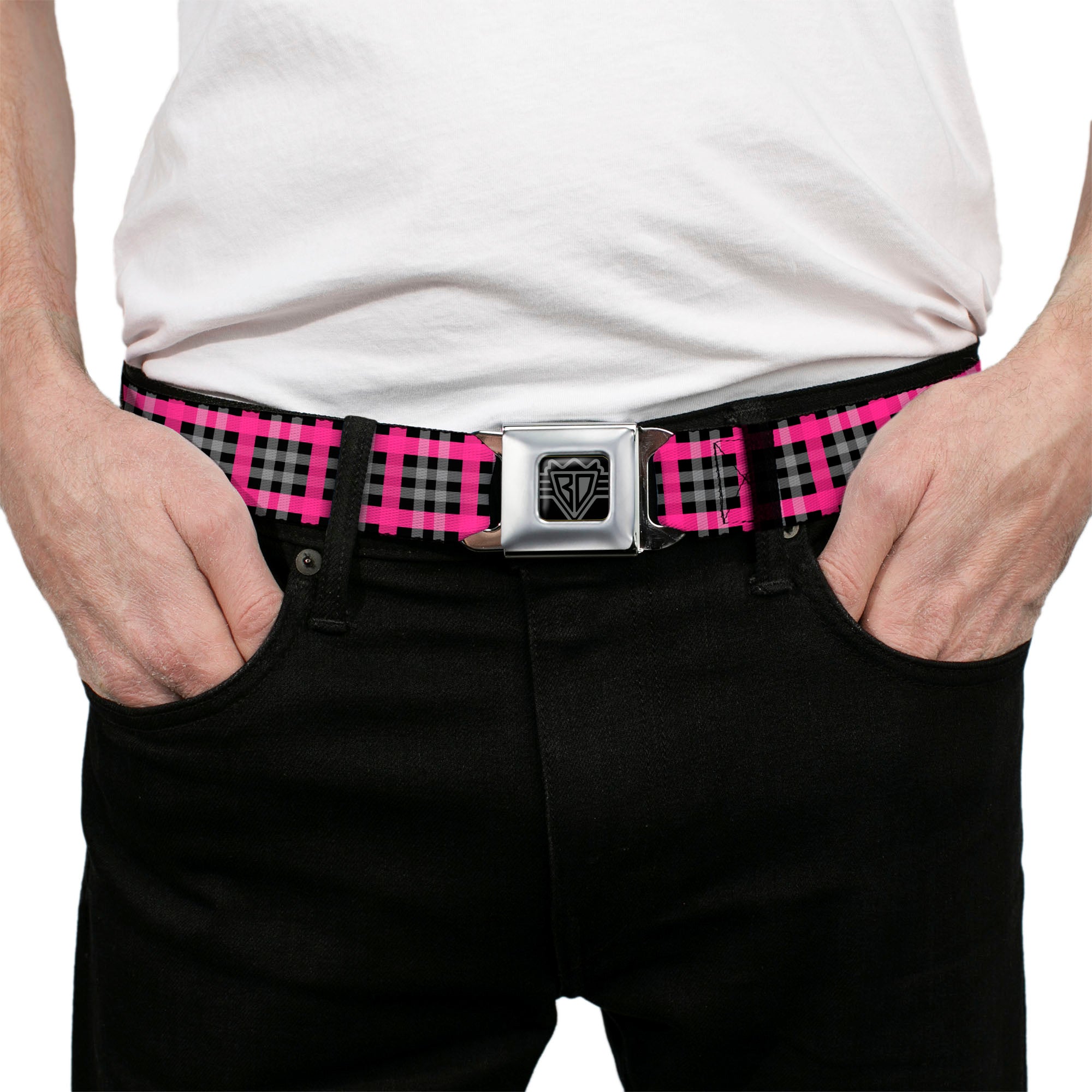 BD Wings Logo CLOSE-UP Full Color Black Silver Seatbelt Belt - Plaid Black/Gray/Fuchsia Webbing Seatbelt Belts Buckle-Down