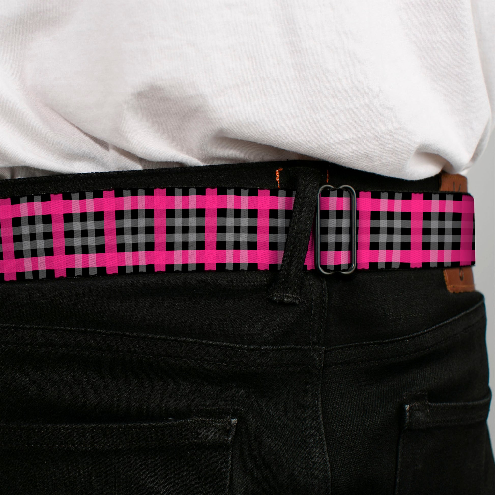 BD Wings Logo CLOSE-UP Full Color Black Silver Seatbelt Belt - Plaid Black/Gray/Fuchsia Webbing Seatbelt Belts Buckle-Down