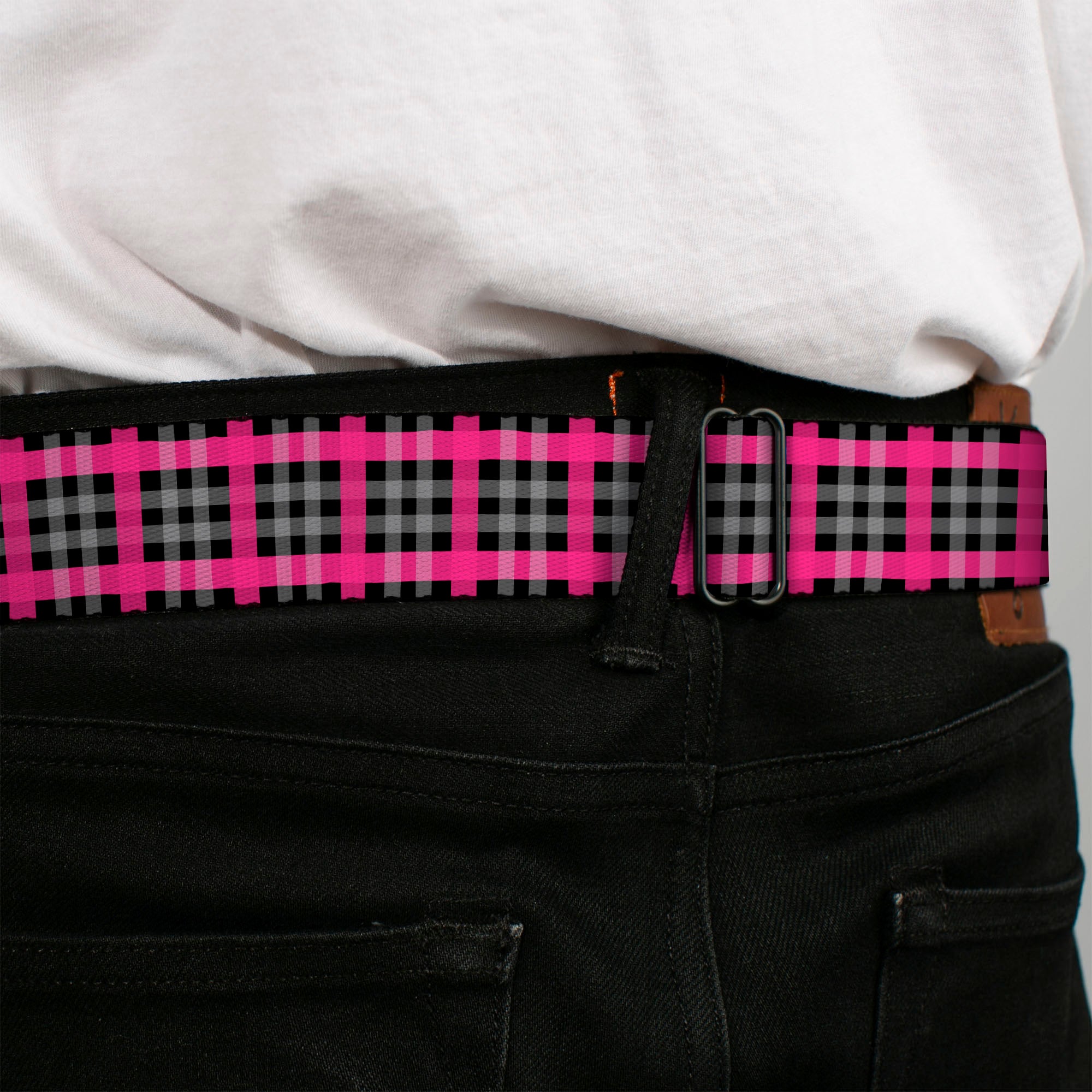 BD Wings Logo CLOSE-UP Full Color Black Silver Seatbelt Belt - Plaid Black/Gray/Fuchsia Webbing Seatbelt Belts Buckle-Down