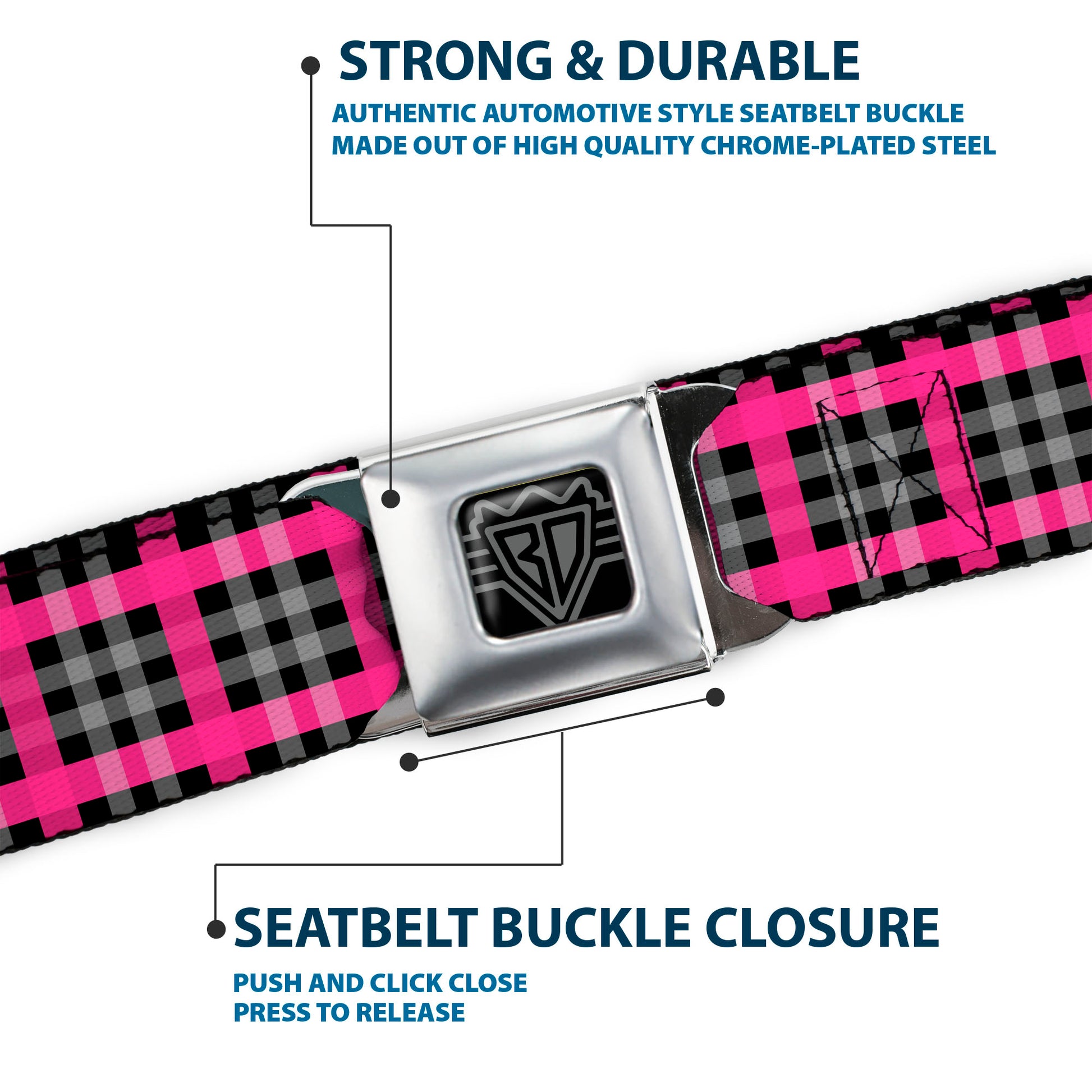 BD Wings Logo CLOSE-UP Full Color Black Silver Seatbelt Belt - Plaid Black/Gray/Fuchsia Webbing Seatbelt Belts Buckle-Down
