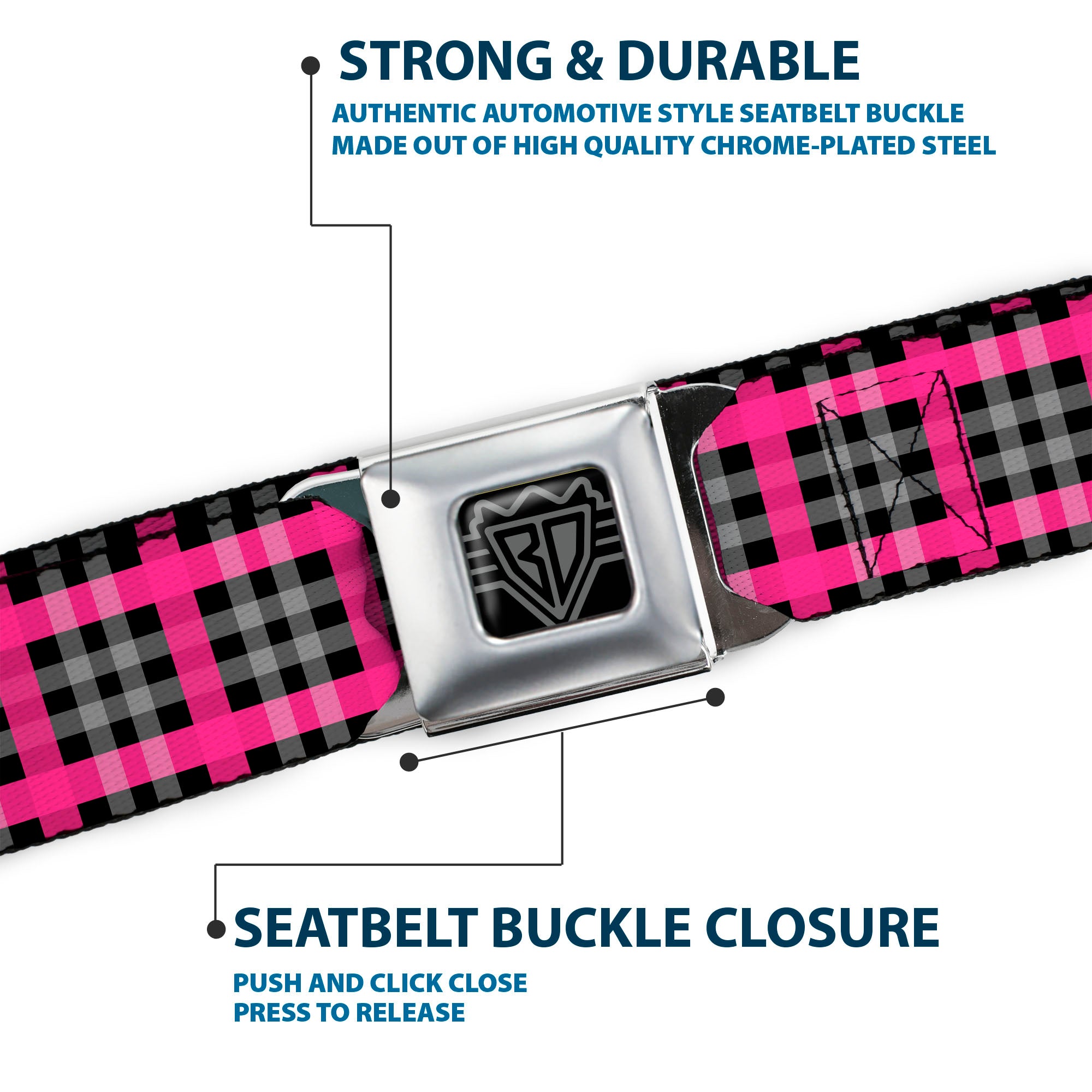 BD Wings Logo CLOSE-UP Full Color Black Silver Seatbelt Belt - Plaid Black/Gray/Fuchsia Webbing Seatbelt Belts Buckle-Down