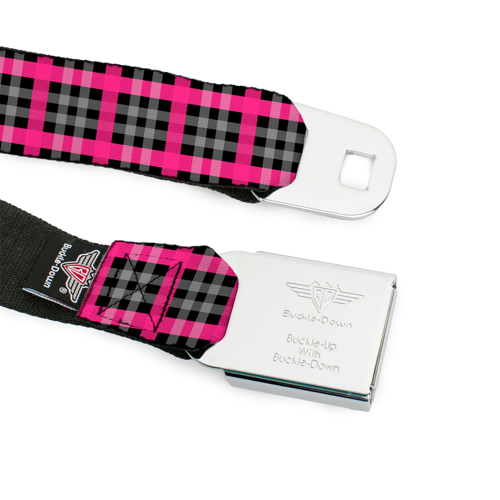 BD Wings Logo CLOSE-UP Full Color Black Silver Seatbelt Belt - Plaid Black/Gray/Fuchsia Webbing Seatbelt Belts Buckle-Down