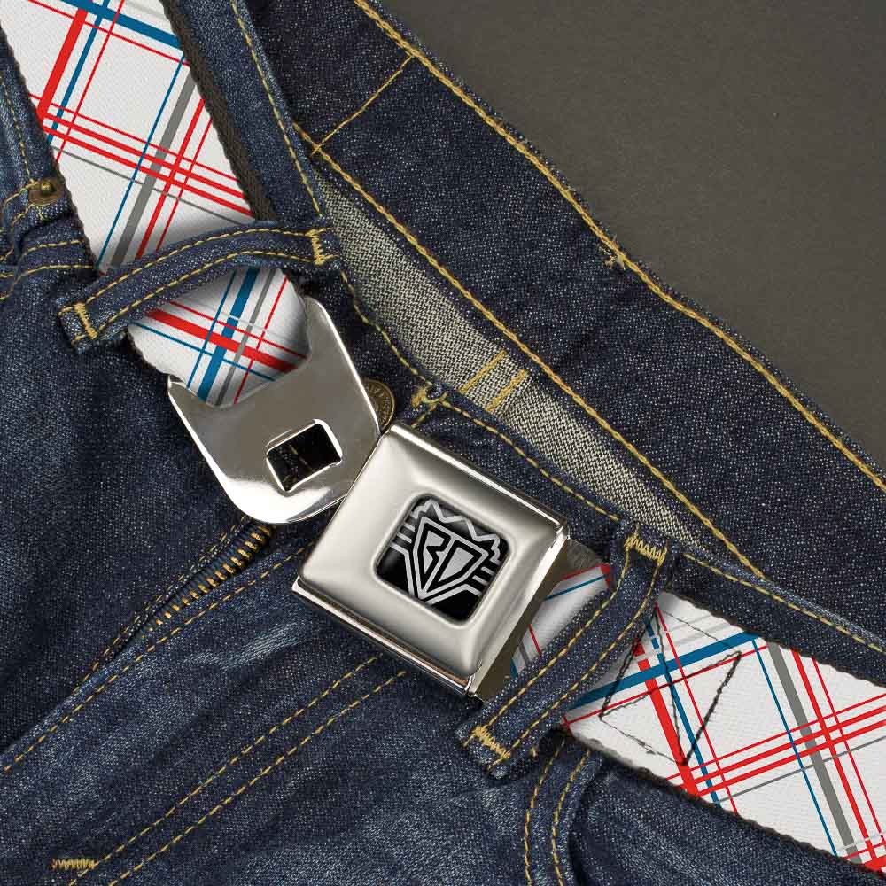 BD Wings Logo CLOSE-UP Full Color Black Silver Seatbelt Belt - Plaid X White/Red/Turquoise/Gray Webbing Seatbelt Belts Buckle-Down