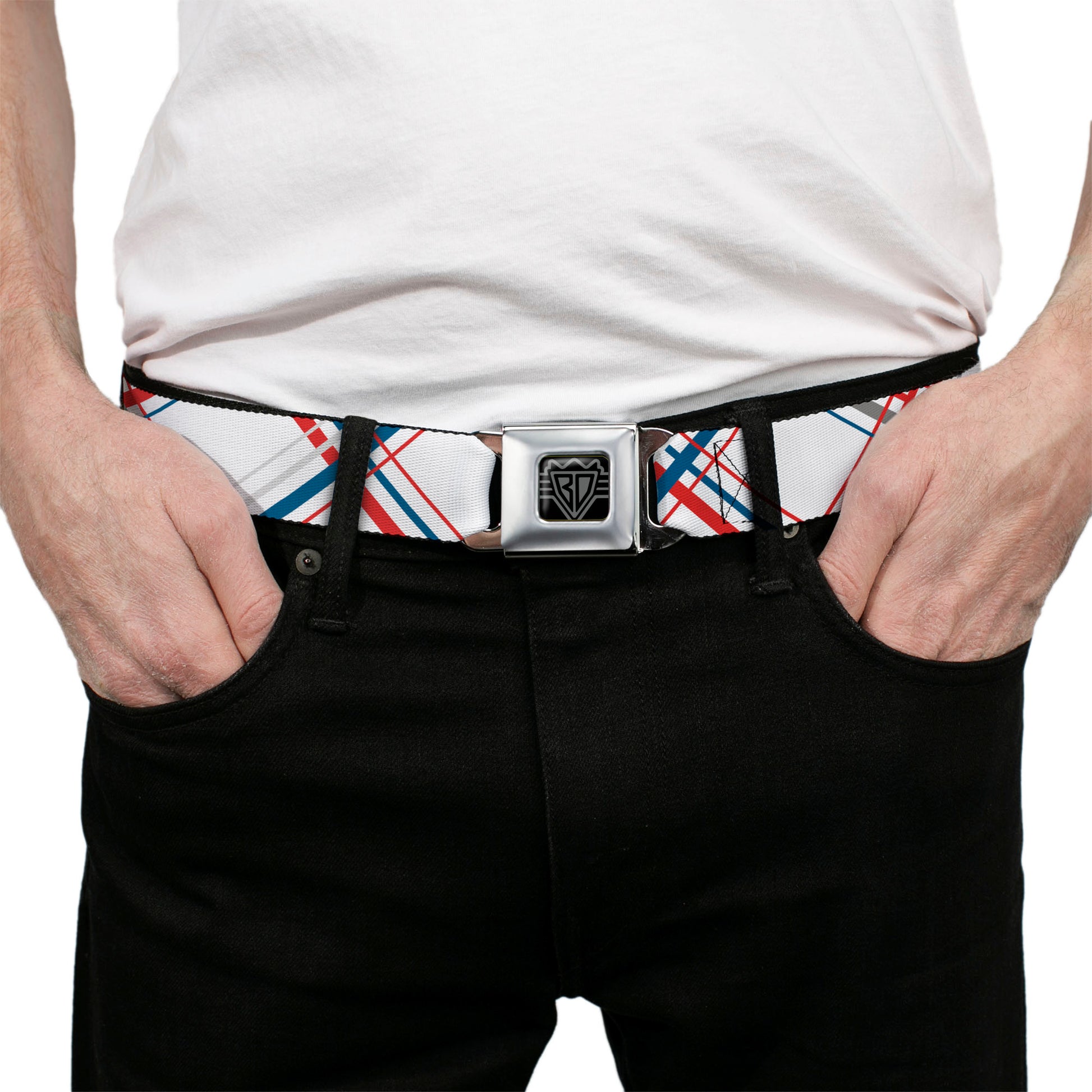 BD Wings Logo CLOSE-UP Full Color Black Silver Seatbelt Belt - Plaid X White/Red/Turquoise/Gray Webbing Seatbelt Belts Buckle-Down