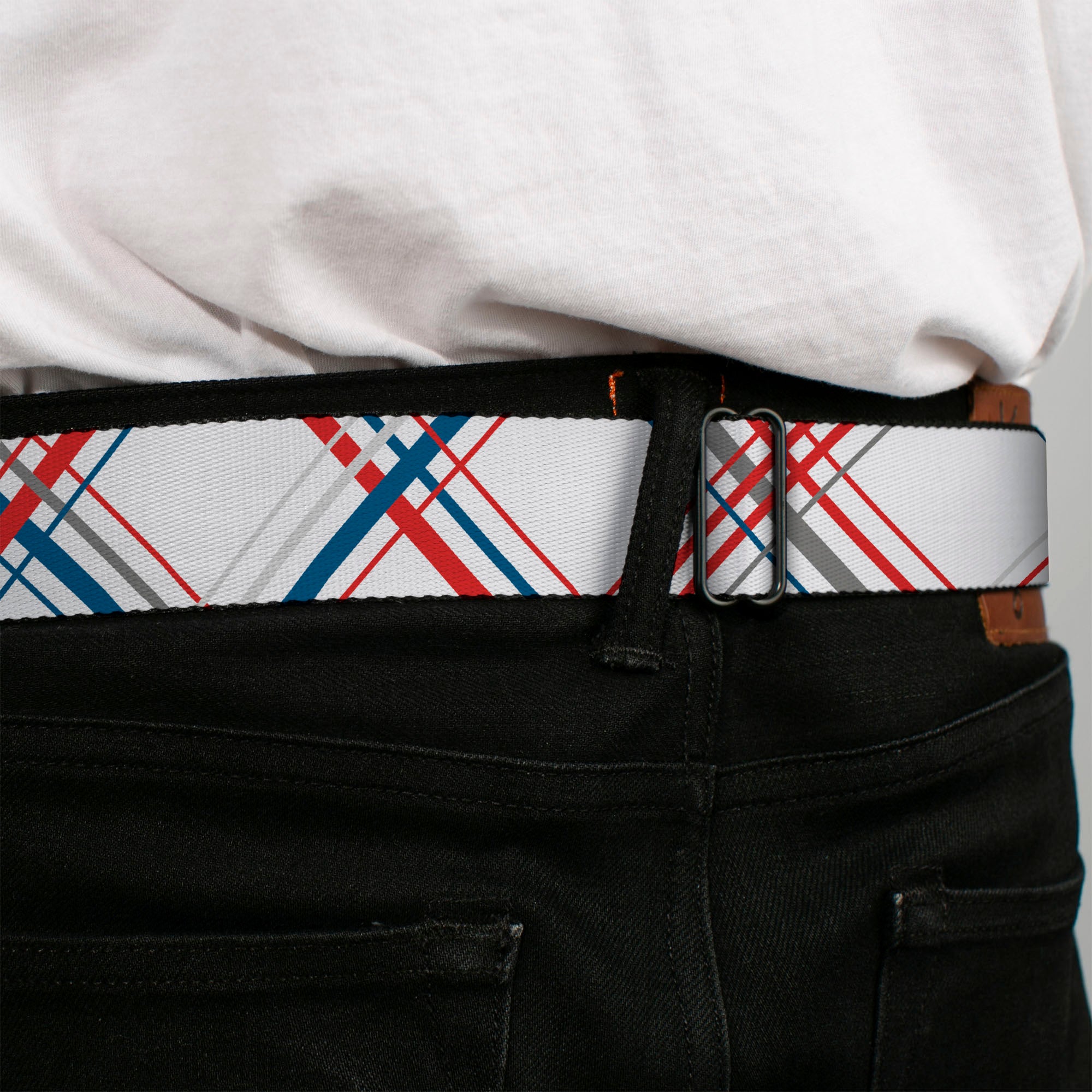 BD Wings Logo CLOSE-UP Full Color Black Silver Seatbelt Belt - Plaid X White/Red/Turquoise/Gray Webbing Seatbelt Belts Buckle-Down