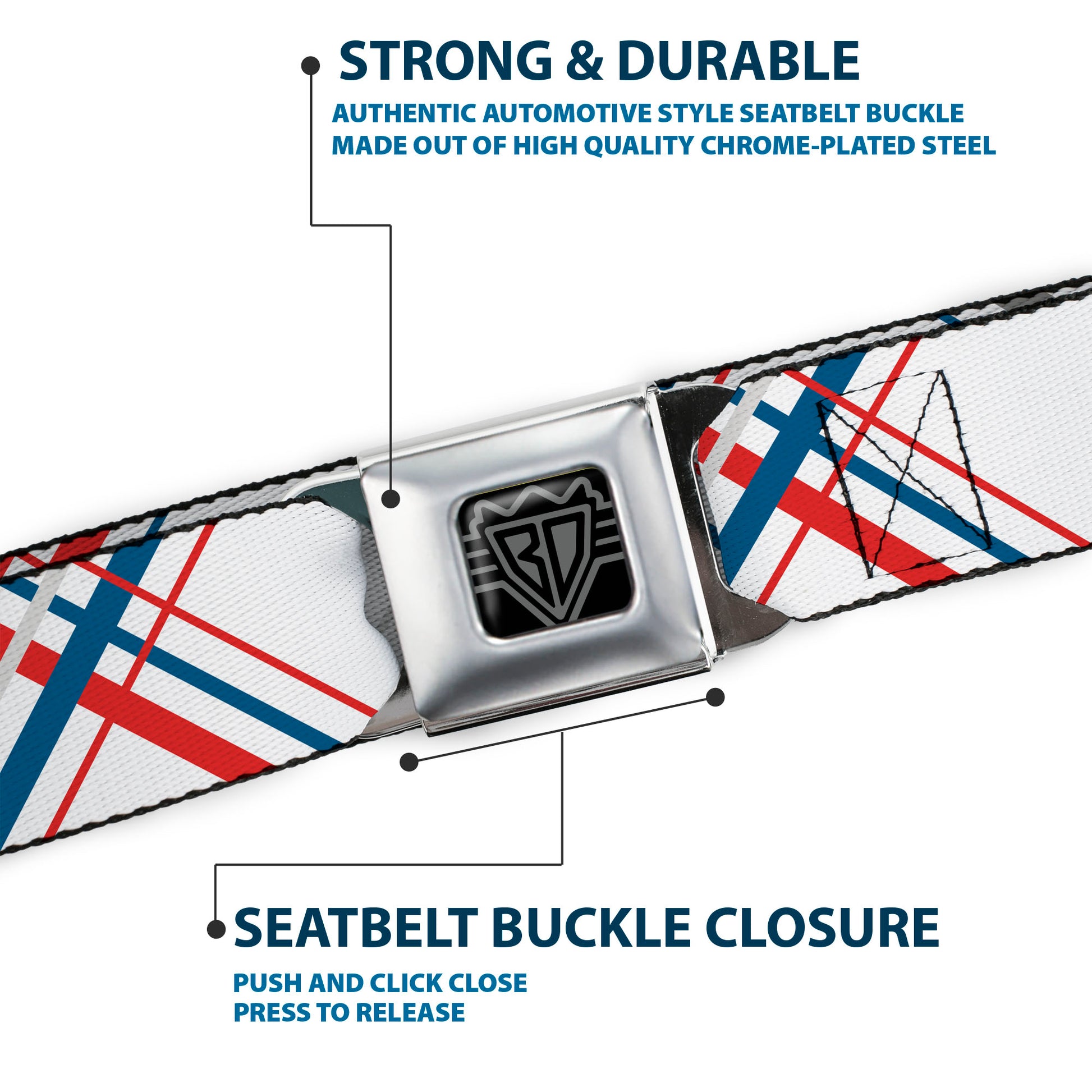 BD Wings Logo CLOSE-UP Full Color Black Silver Seatbelt Belt - Plaid X White/Red/Turquoise/Gray Webbing Seatbelt Belts Buckle-Down