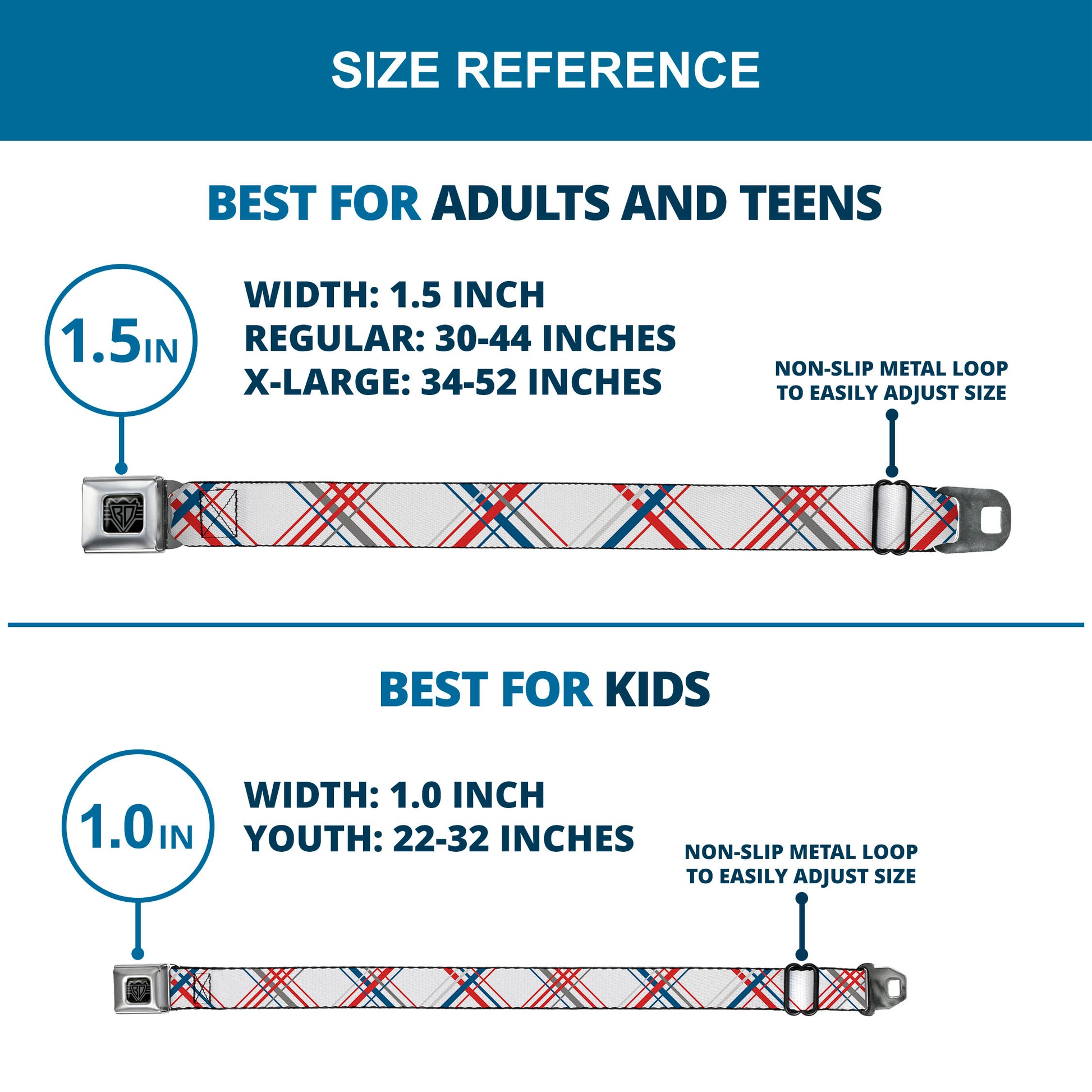 BD Wings Logo CLOSE-UP Full Color Black Silver Seatbelt Belt - Plaid X White/Red/Turquoise/Gray Webbing Seatbelt Belts Buckle-Down
