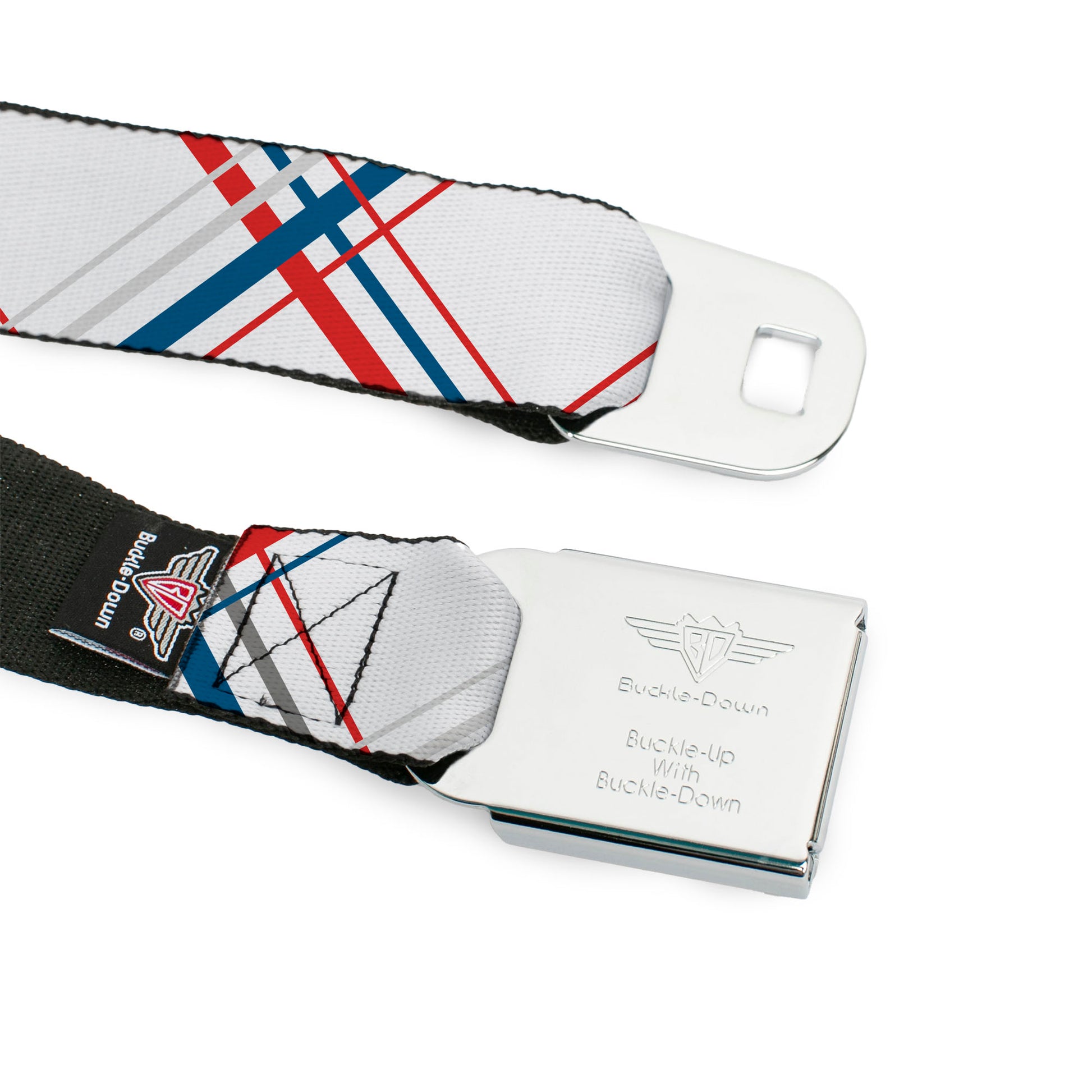 BD Wings Logo CLOSE-UP Full Color Black Silver Seatbelt Belt - Plaid X White/Red/Turquoise/Gray Webbing Seatbelt Belts Buckle-Down