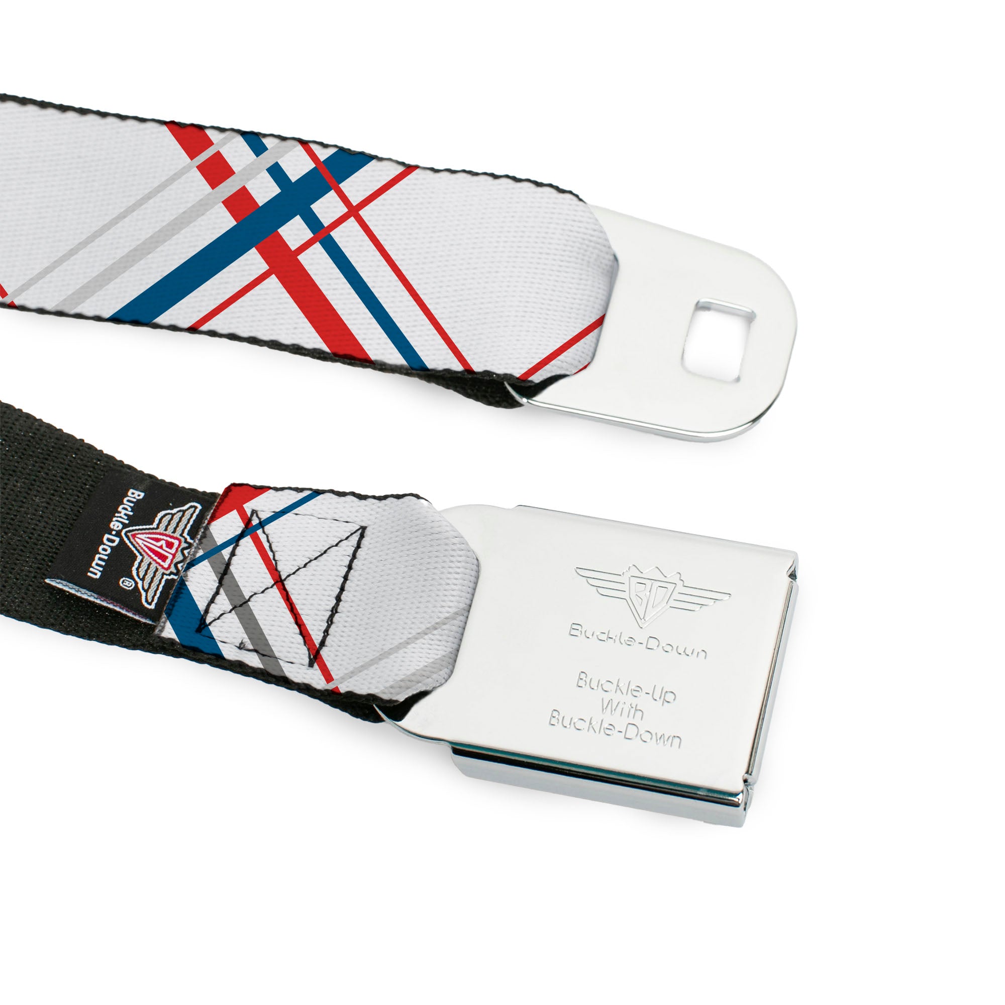 BD Wings Logo CLOSE-UP Full Color Black Silver Seatbelt Belt - Plaid X White/Red/Turquoise/Gray Webbing Seatbelt Belts Buckle-Down