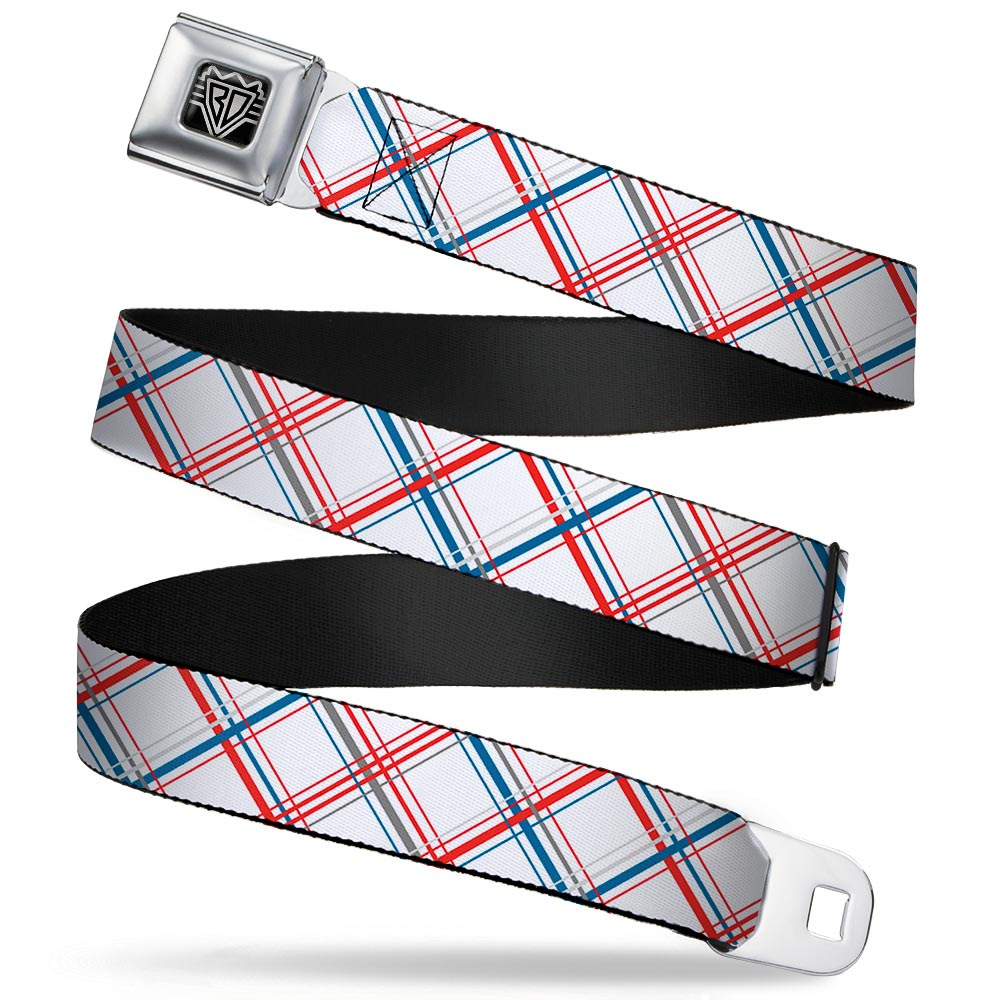 BD Wings Logo CLOSE-UP Full Color Black Silver Seatbelt Belt - Plaid X White/Red/Turquoise/Gray Webbing Seatbelt Belts Buckle-Down