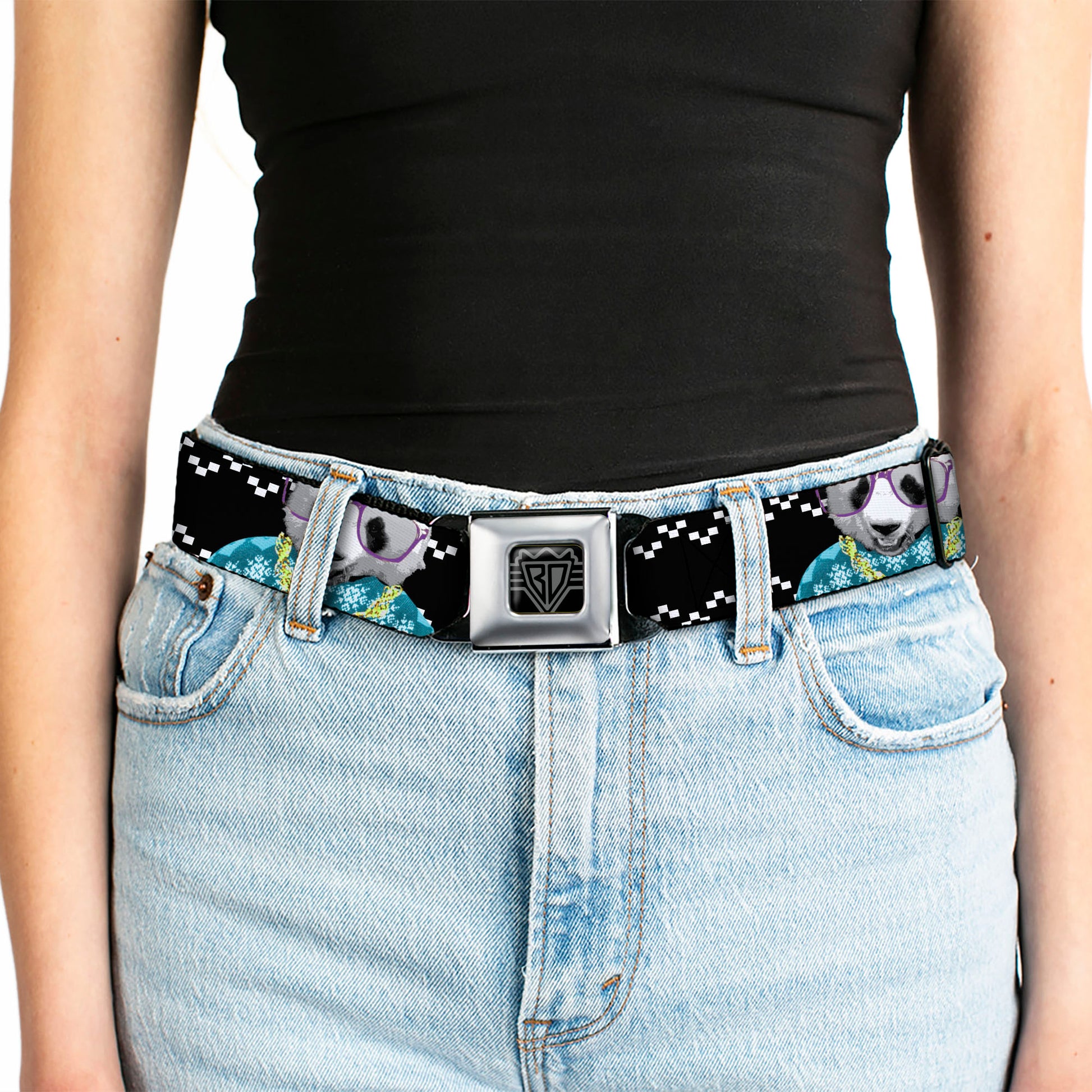 BD Wings Logo CLOSE-UP Full Color Black Silver Seatbelt Belt - Panda Bling Webbing Seatbelt Belts Buckle-Down