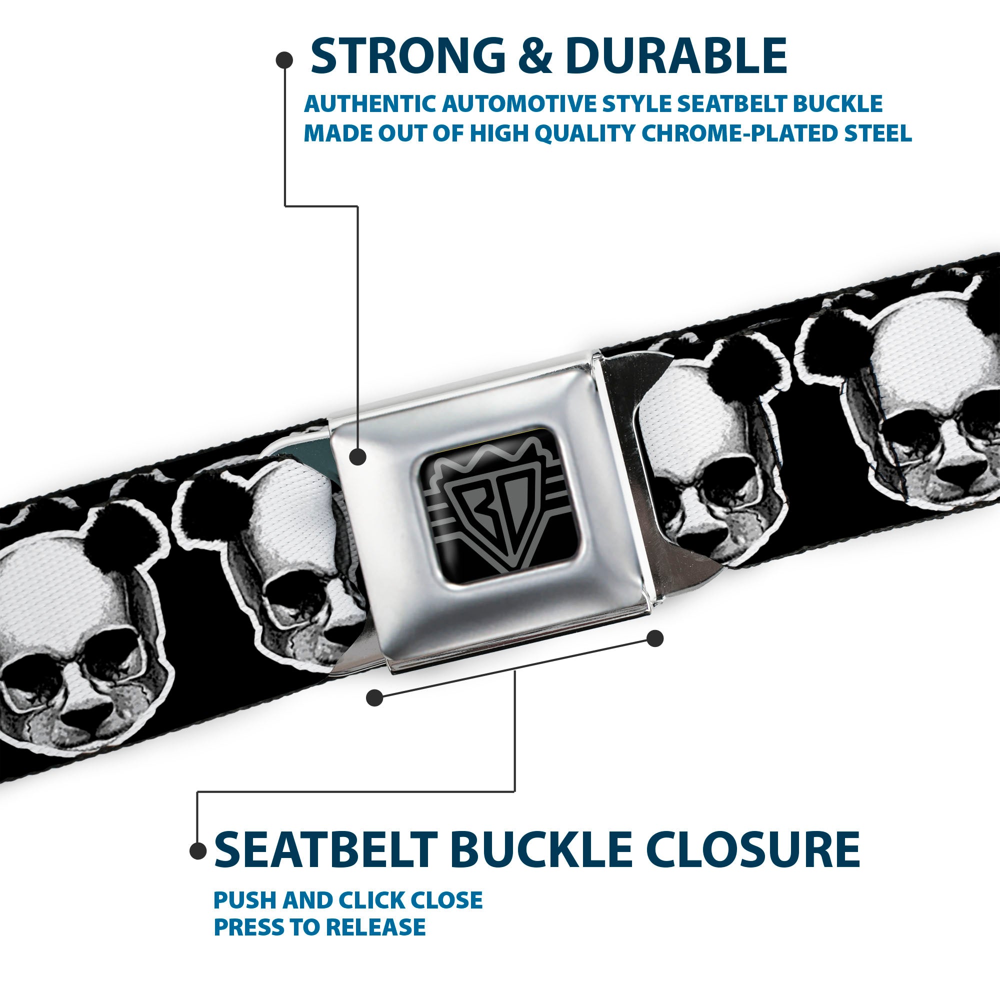 BD Wings Logo CLOSE-UP Full Color Black Silver Seatbelt Belt - Panda Skulls Webbing Seatbelt Belts Buckle-Down