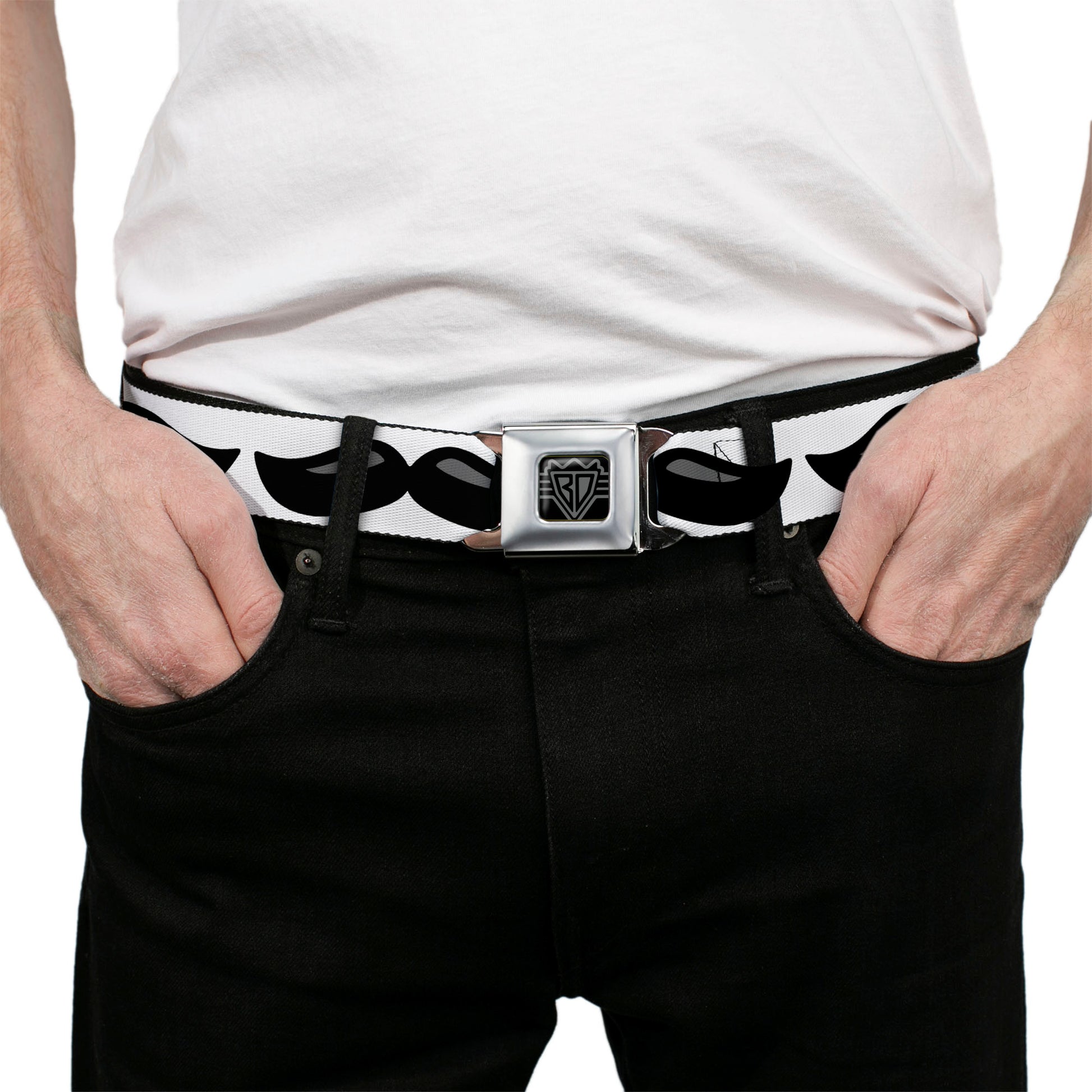 BD Wings Logo CLOSE-UP Full Color Black Silver Seatbelt Belt - Plastic Mustache White/Black Webbing Seatbelt Belts Buckle-Down