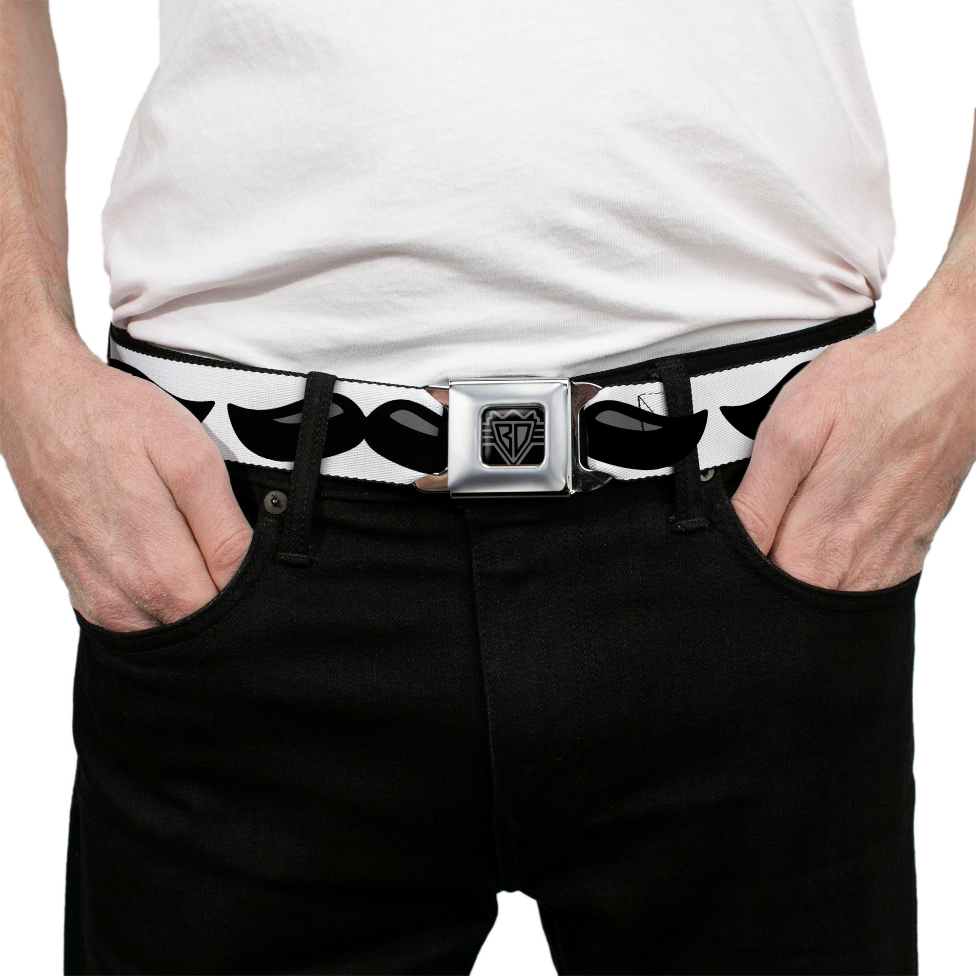 BD Wings Logo CLOSE-UP Full Color Black Silver Seatbelt Belt - Plastic Mustache White/Black Webbing Seatbelt Belts Buckle-Down