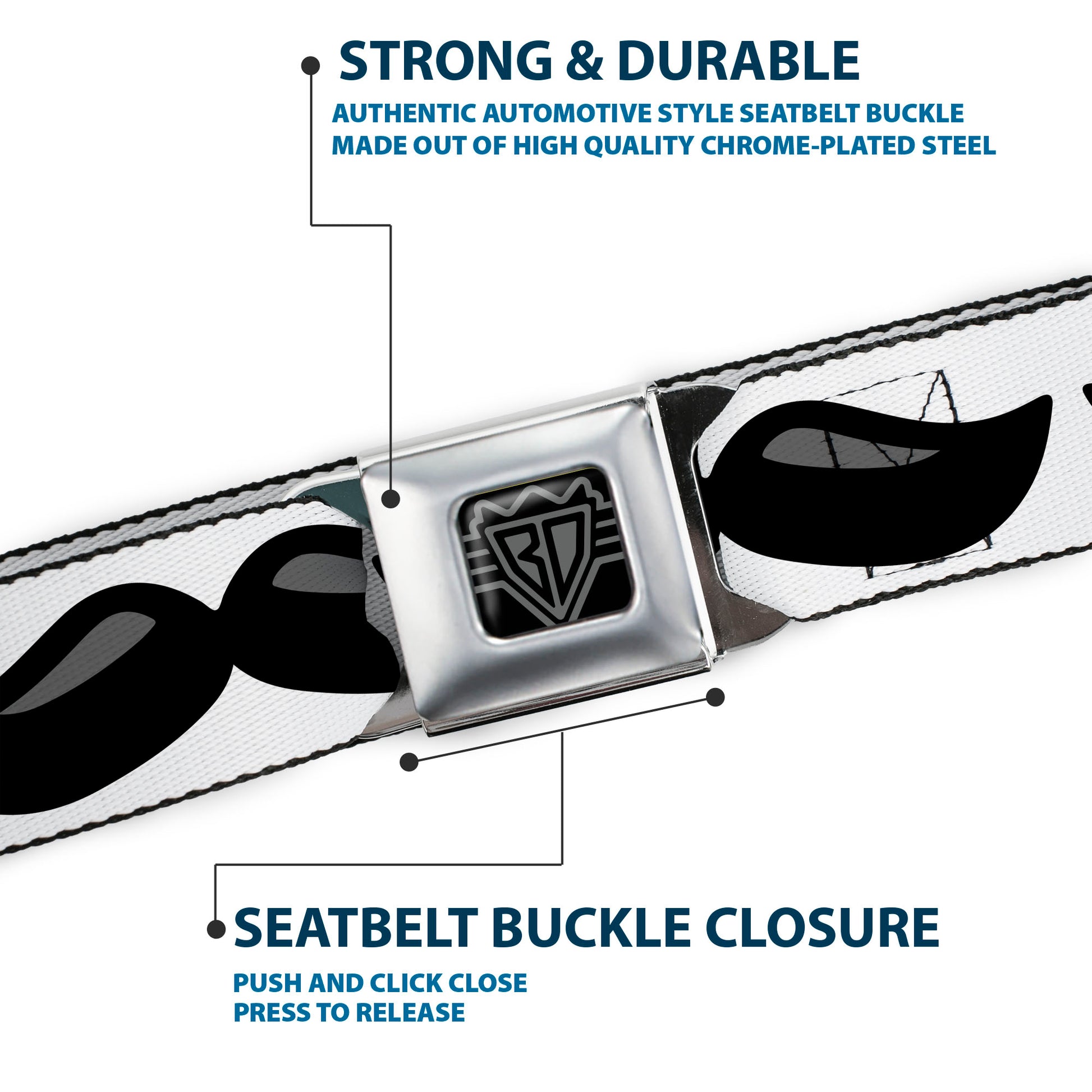BD Wings Logo CLOSE-UP Full Color Black Silver Seatbelt Belt - Plastic Mustache White/Black Webbing Seatbelt Belts Buckle-Down