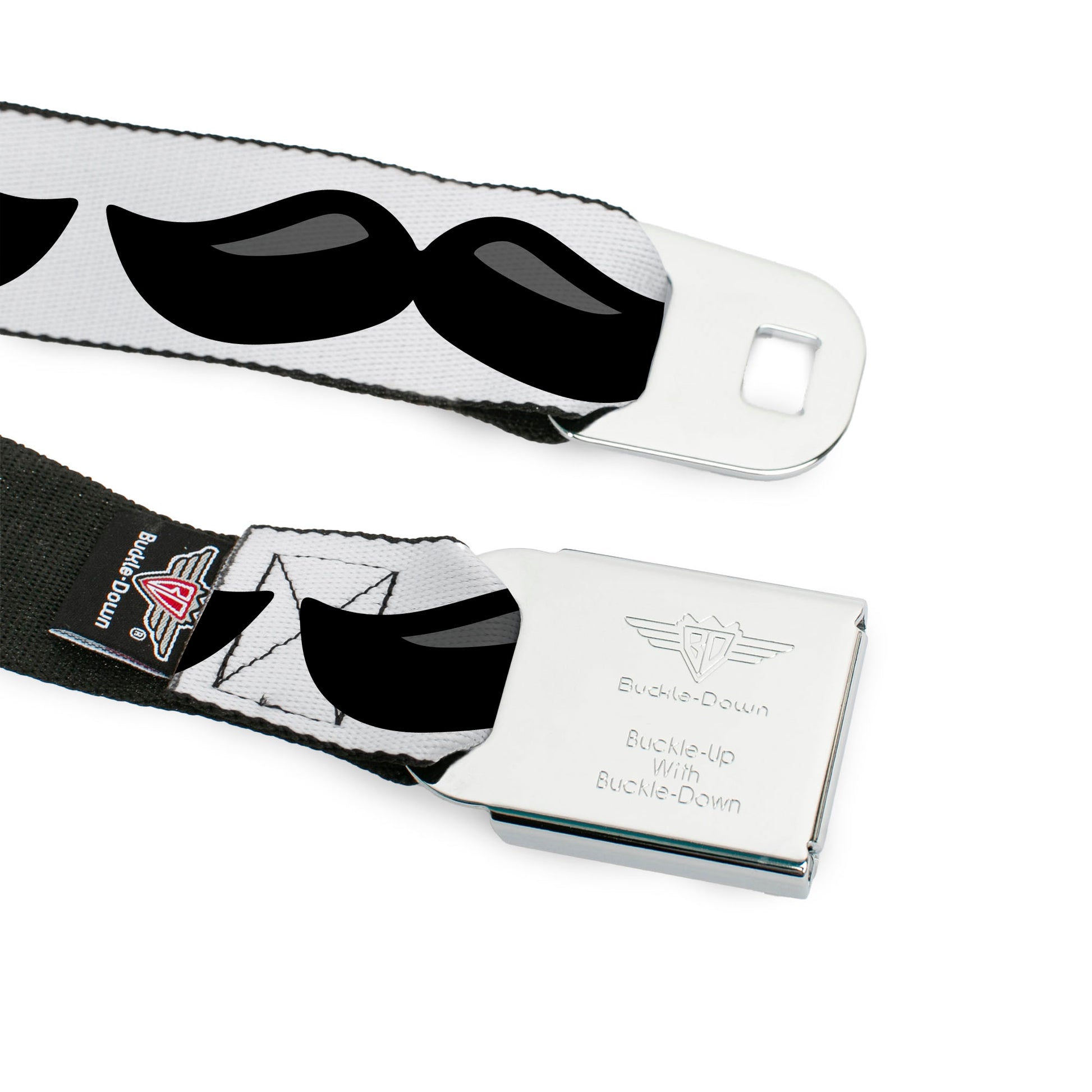 BD Wings Logo CLOSE-UP Full Color Black Silver Seatbelt Belt - Plastic Mustache White/Black Webbing Seatbelt Belts Buckle-Down