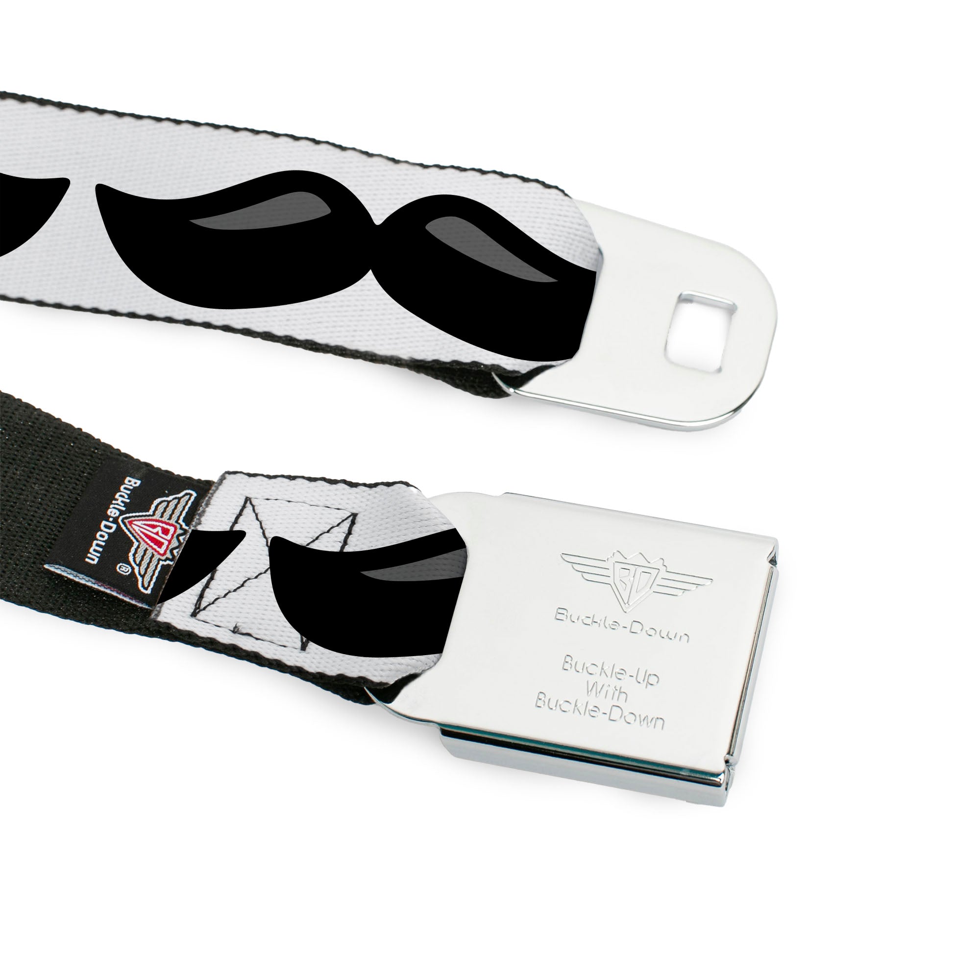 BD Wings Logo CLOSE-UP Full Color Black Silver Seatbelt Belt - Plastic Mustache White/Black Webbing Seatbelt Belts Buckle-Down