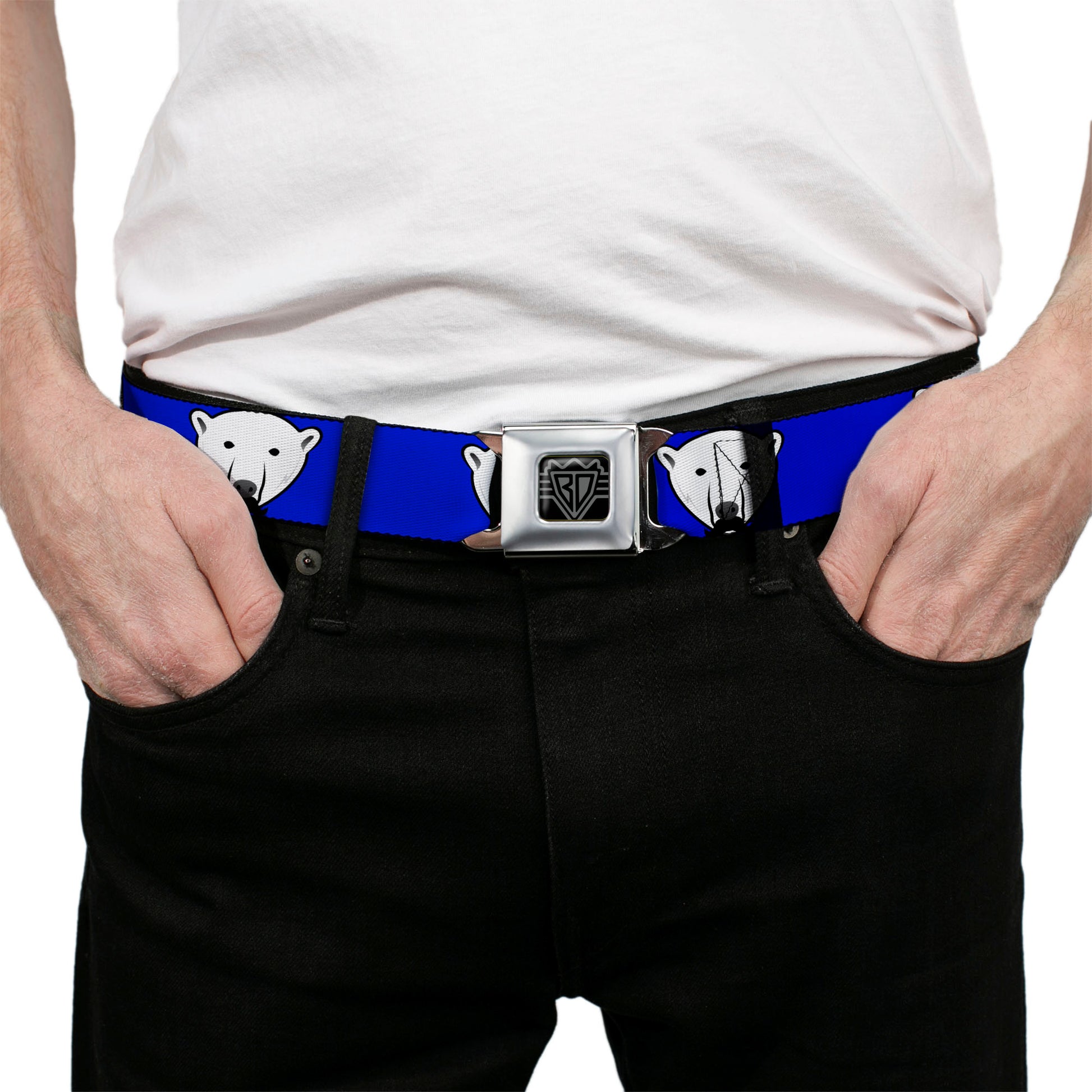 BD Wings Logo CLOSE-UP Full Color Black Silver Seatbelt Belt - Polar Bear w/Mustache Royal Webbing Seatbelt Belts Buckle-Down