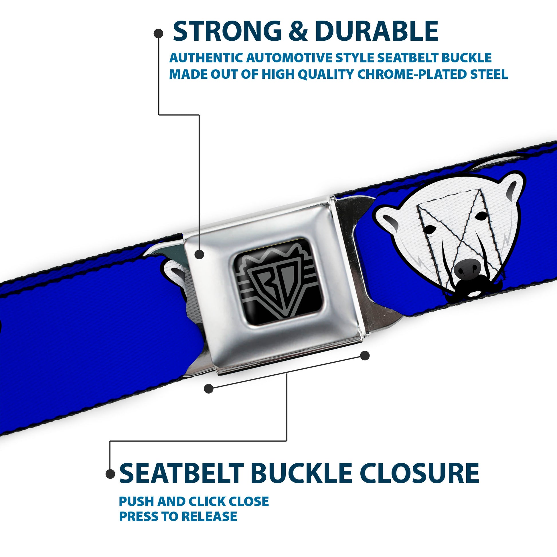 BD Wings Logo CLOSE-UP Full Color Black Silver Seatbelt Belt - Polar Bear w/Mustache Royal Webbing Seatbelt Belts Buckle-Down