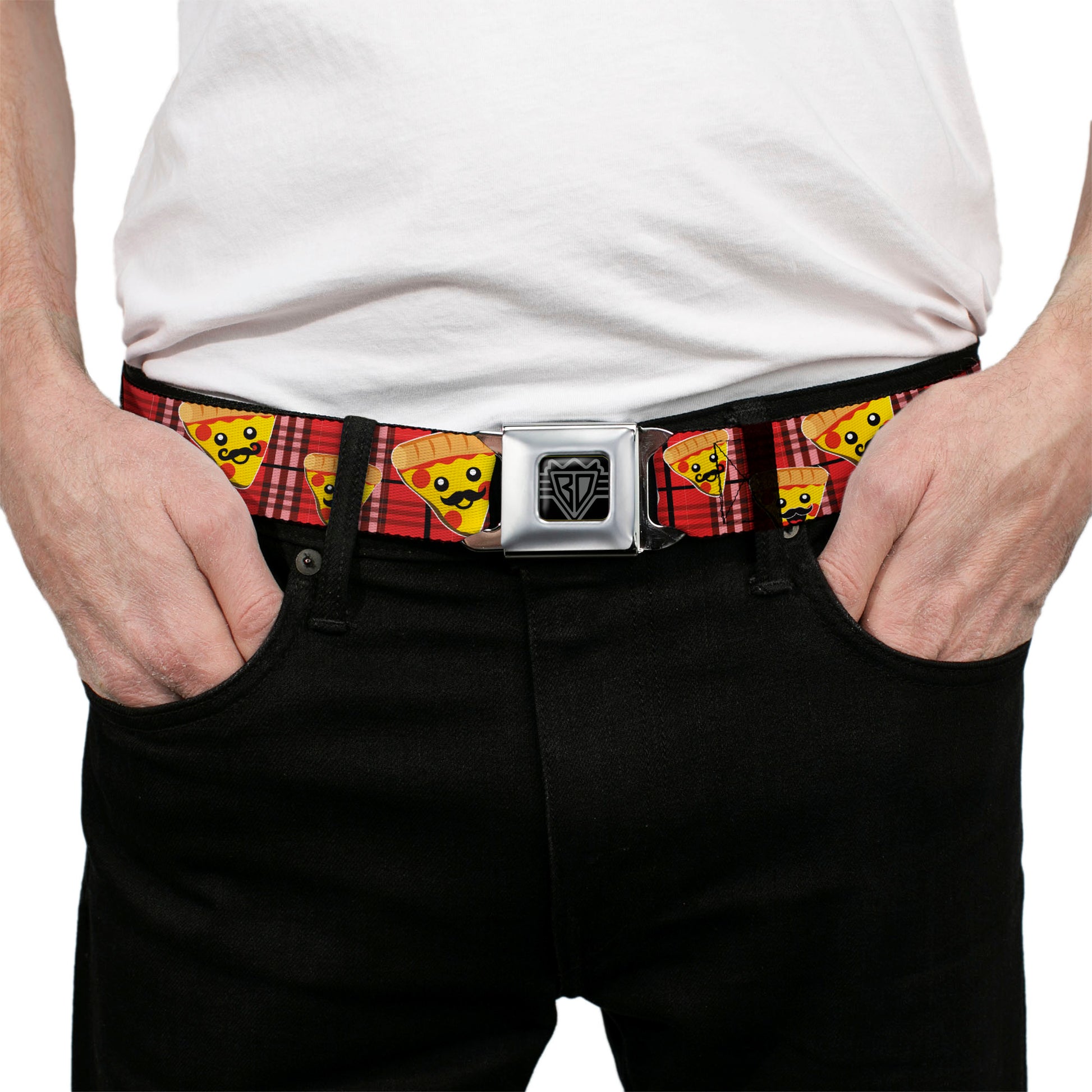 BD Wings Logo CLOSE-UP Full Color Black Silver Seatbelt Belt - Pizza Man Plaid Red Webbing Seatbelt Belts Buckle-Down