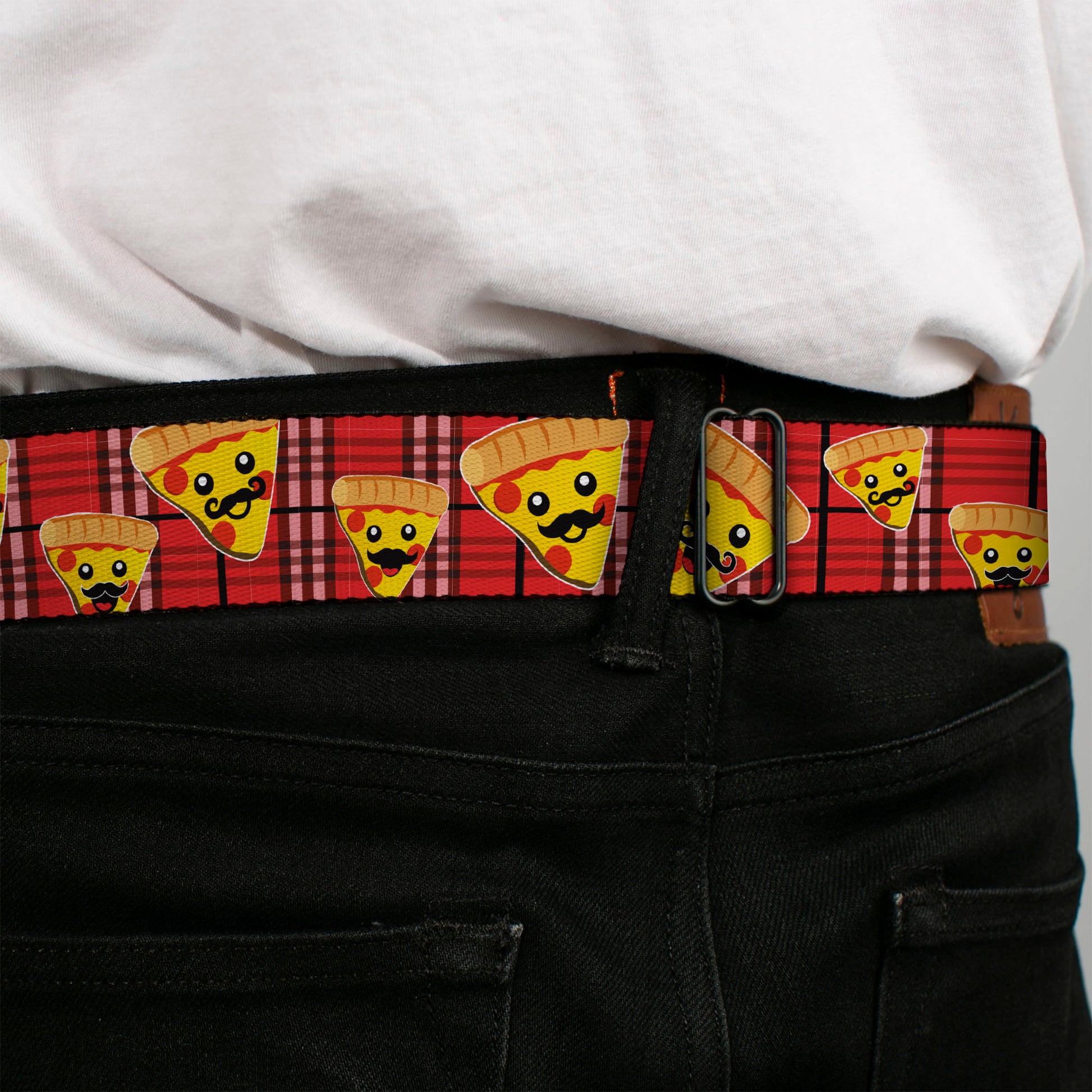BD Wings Logo CLOSE-UP Full Color Black Silver Seatbelt Belt - Pizza Man Plaid Red Webbing Seatbelt Belts Buckle-Down
