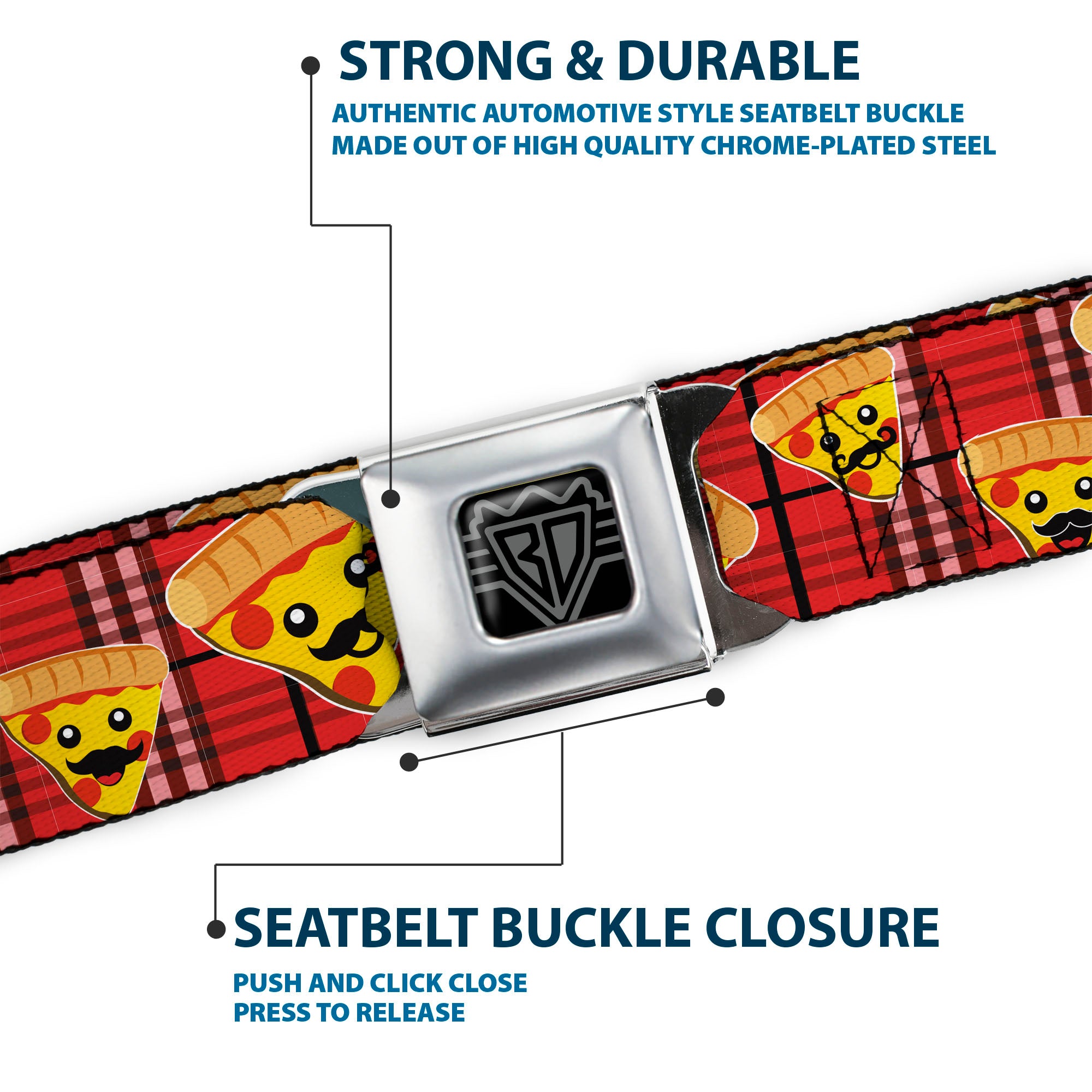 BD Wings Logo CLOSE-UP Full Color Black Silver Seatbelt Belt - Pizza Man Plaid Red Webbing Seatbelt Belts Buckle-Down