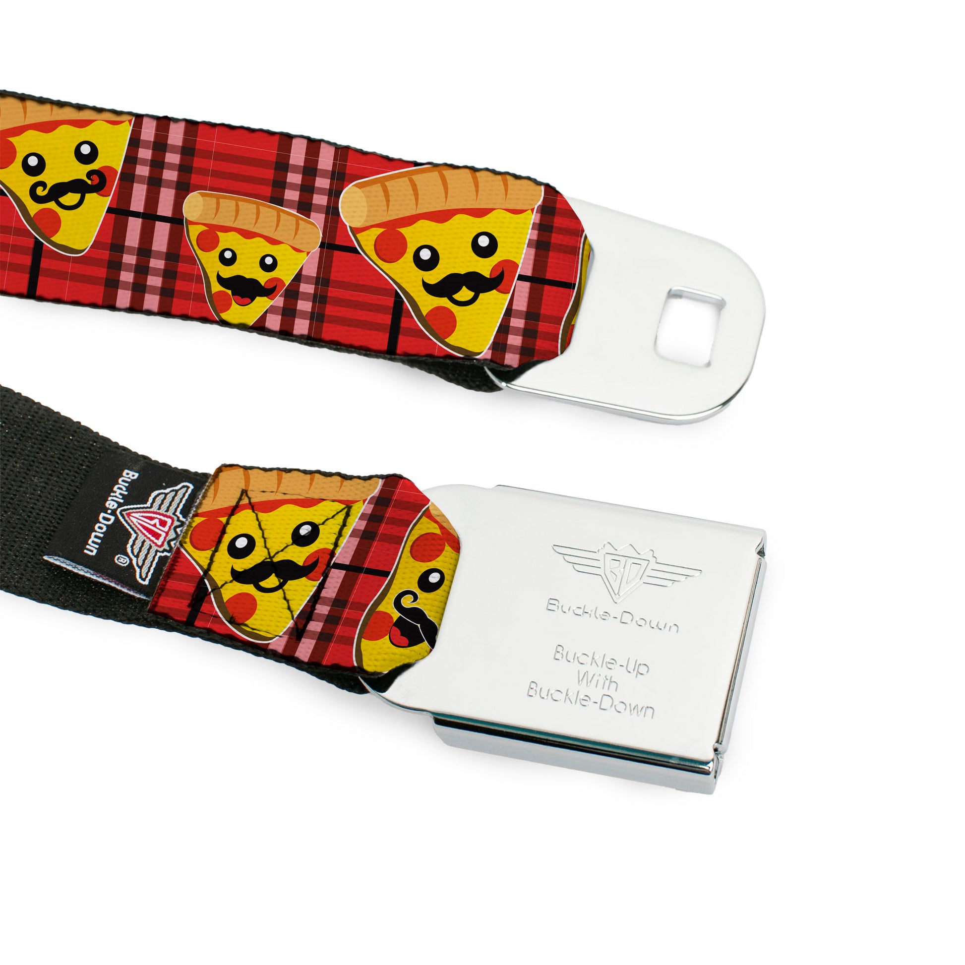 BD Wings Logo CLOSE-UP Full Color Black Silver Seatbelt Belt - Pizza Man Plaid Red Webbing Seatbelt Belts Buckle-Down
