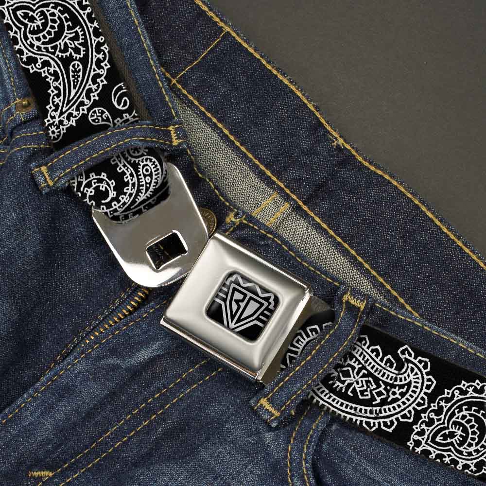 BD Wings Logo CLOSE-UP Full Color Black Silver Seatbelt Belt - Paisley2 Black/White Webbing Seatbelt Belts Buckle-Down