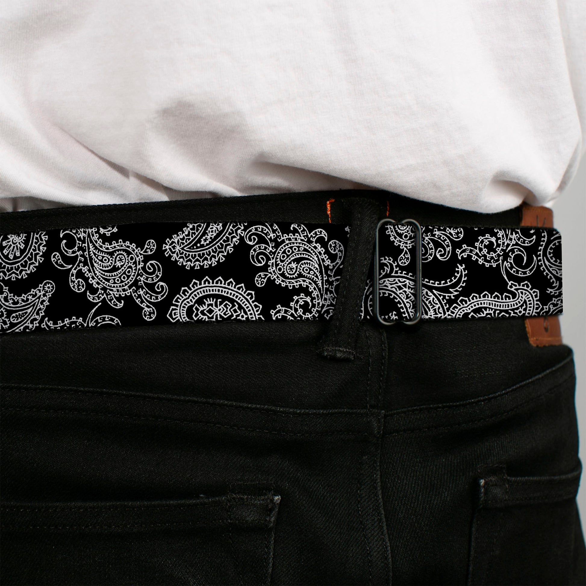 BD Wings Logo CLOSE-UP Full Color Black Silver Seatbelt Belt - Paisley2 Black/White Webbing Seatbelt Belts Buckle-Down