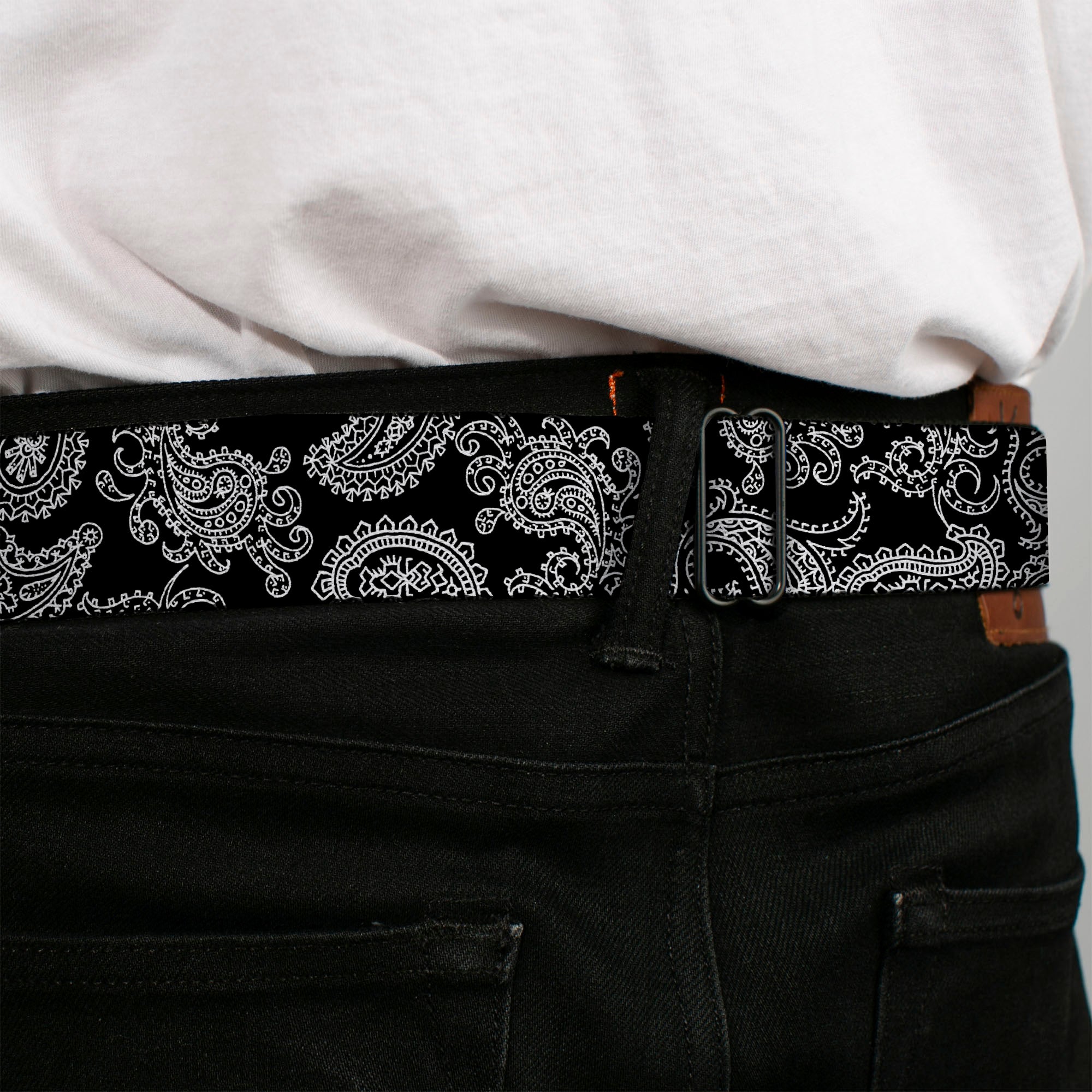 BD Wings Logo CLOSE-UP Full Color Black Silver Seatbelt Belt - Paisley2 Black/White Webbing Seatbelt Belts Buckle-Down