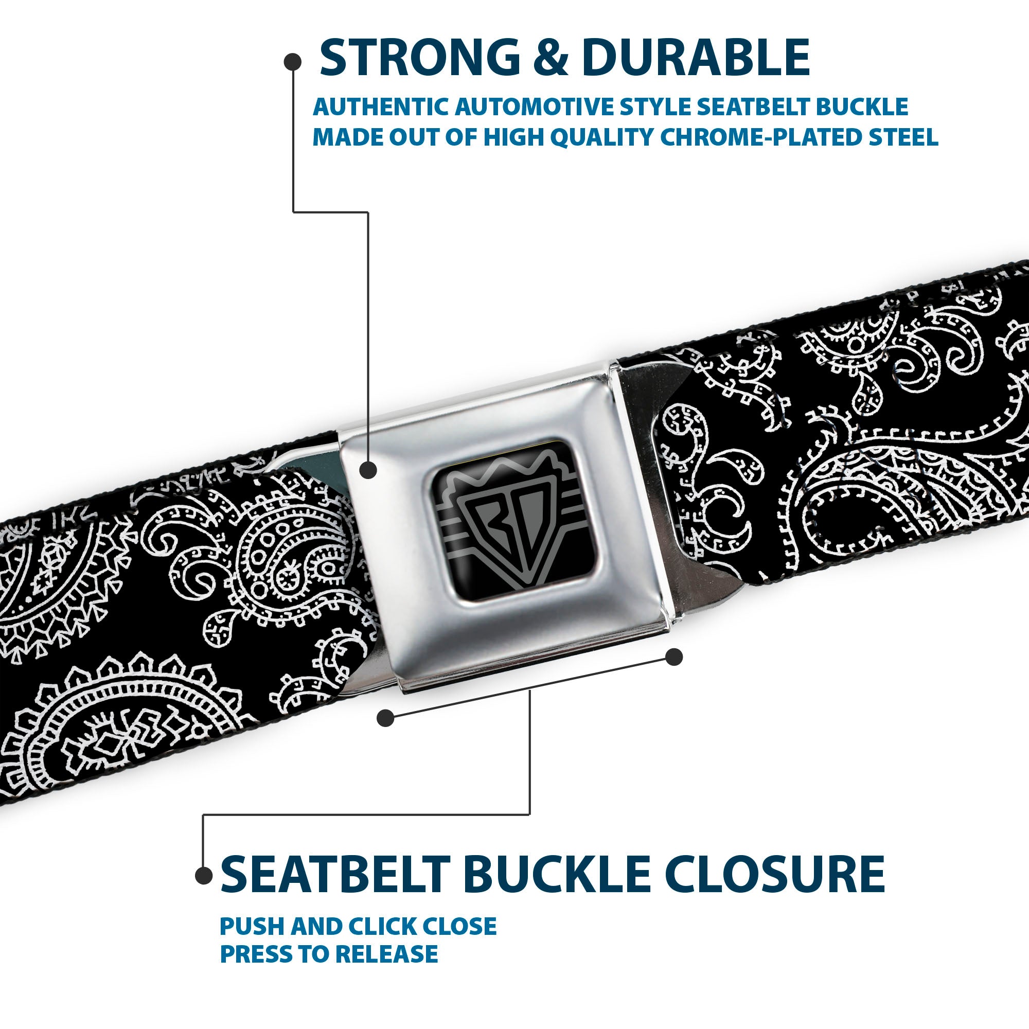 BD Wings Logo CLOSE-UP Full Color Black Silver Seatbelt Belt - Paisley2 Black/White Webbing Seatbelt Belts Buckle-Down