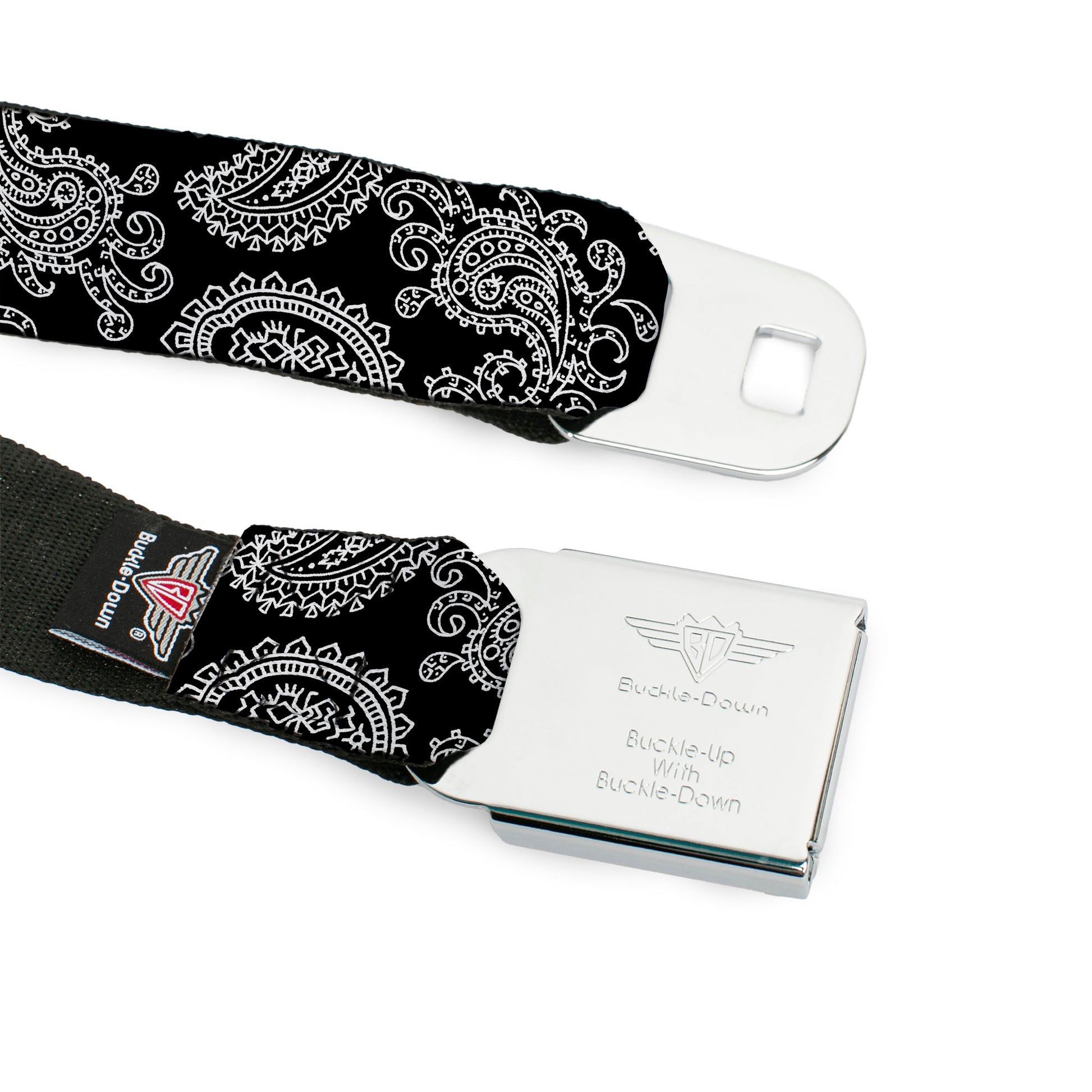 BD Wings Logo CLOSE-UP Full Color Black Silver Seatbelt Belt - Paisley2 Black/White Webbing Seatbelt Belts Buckle-Down
