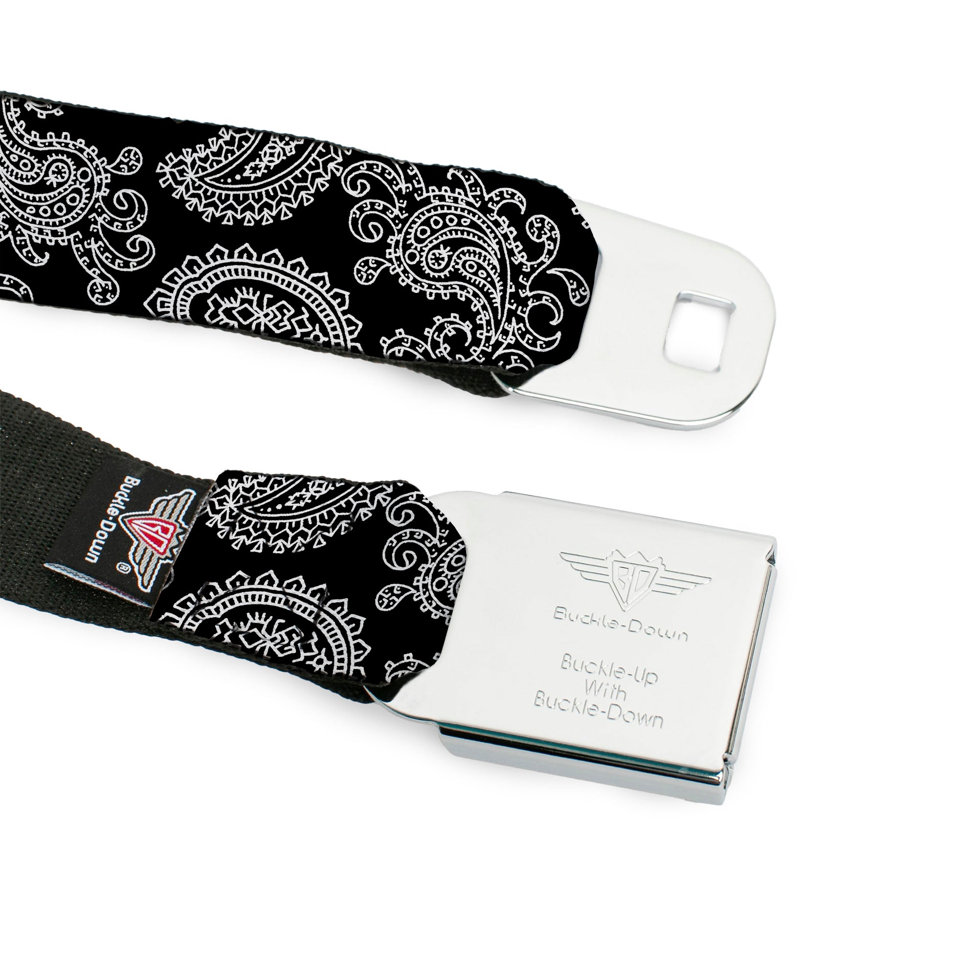 BD Wings Logo CLOSE-UP Full Color Black Silver Seatbelt Belt - Paisley2 Black/White Webbing Seatbelt Belts Buckle-Down