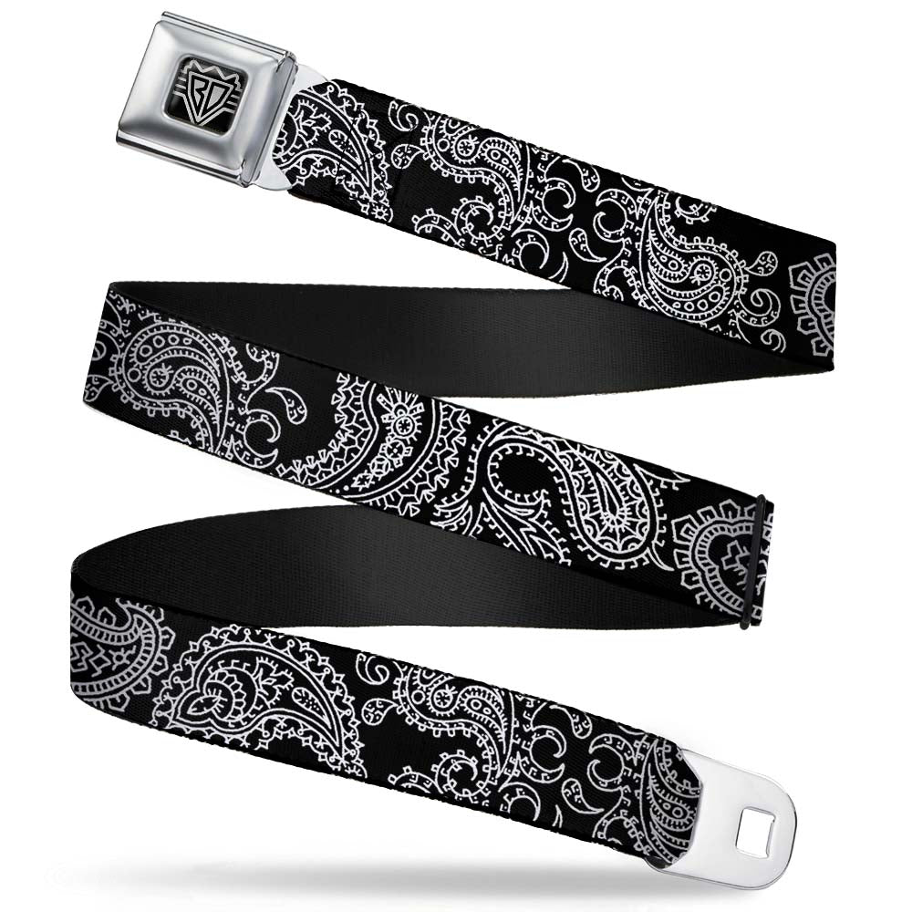BD Wings Logo CLOSE-UP Full Color Black Silver Seatbelt Belt - Paisley2 Black/White Webbing Seatbelt Belts Buckle-Down