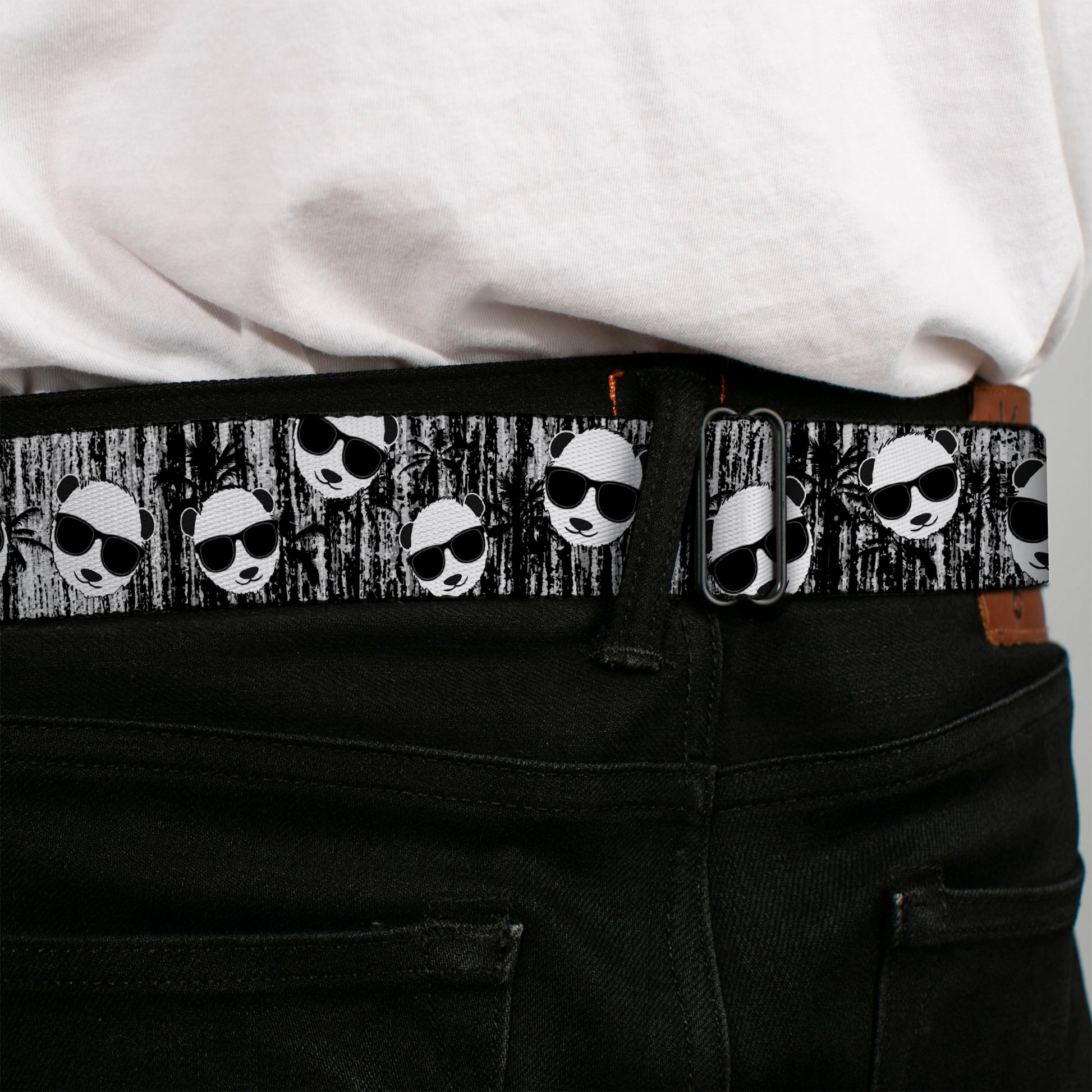 BD Wings Logo CLOSE-UP Full Color Black Silver Seatbelt Belt - Panda w/Sunglasses & Palm Trees Webbing Seatbelt Belts Buckle-Down