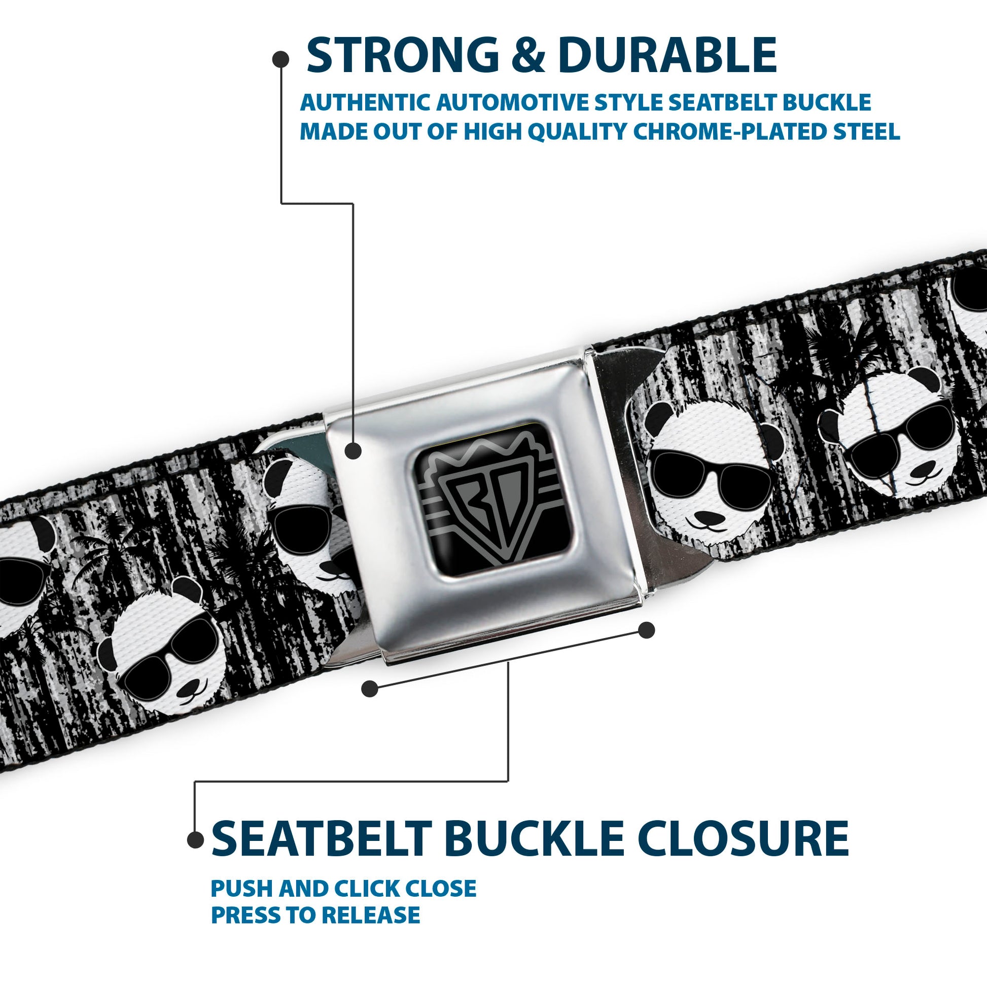 BD Wings Logo CLOSE-UP Full Color Black Silver Seatbelt Belt - Panda w/Sunglasses & Palm Trees Webbing Seatbelt Belts Buckle-Down