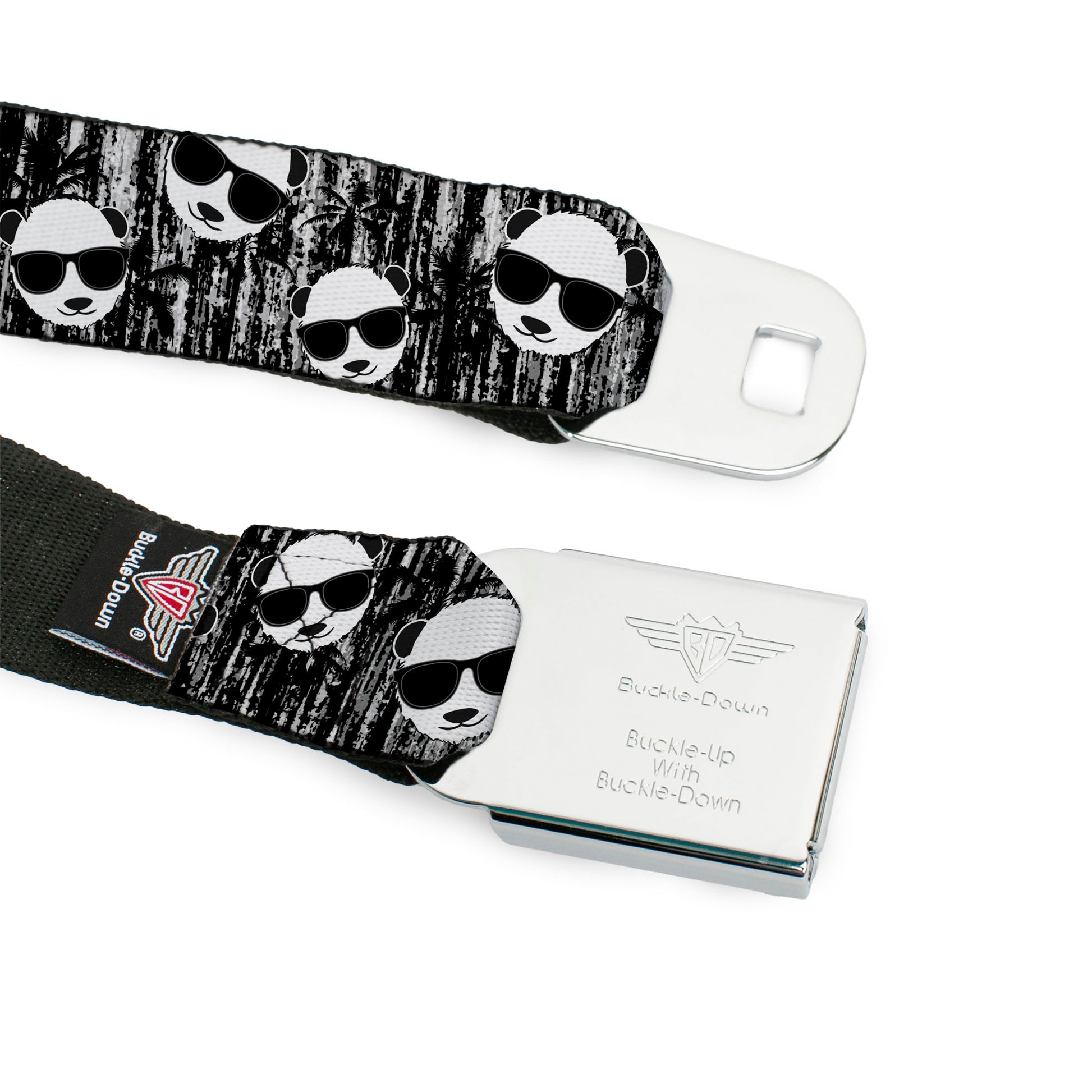 BD Wings Logo CLOSE-UP Full Color Black Silver Seatbelt Belt - Panda w/Sunglasses & Palm Trees Webbing Seatbelt Belts Buckle-Down