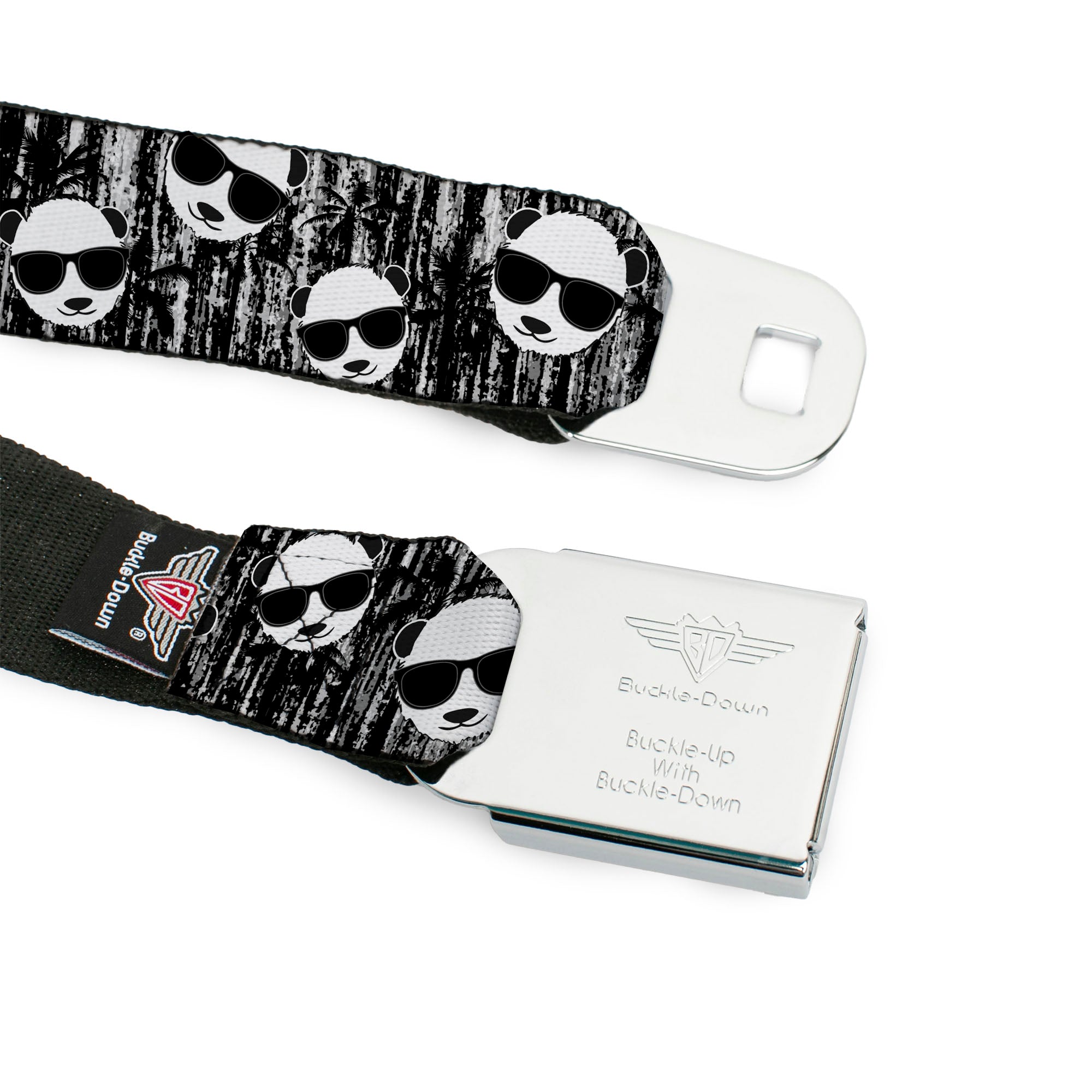 BD Wings Logo CLOSE-UP Full Color Black Silver Seatbelt Belt - Panda w/Sunglasses & Palm Trees Webbing Seatbelt Belts Buckle-Down