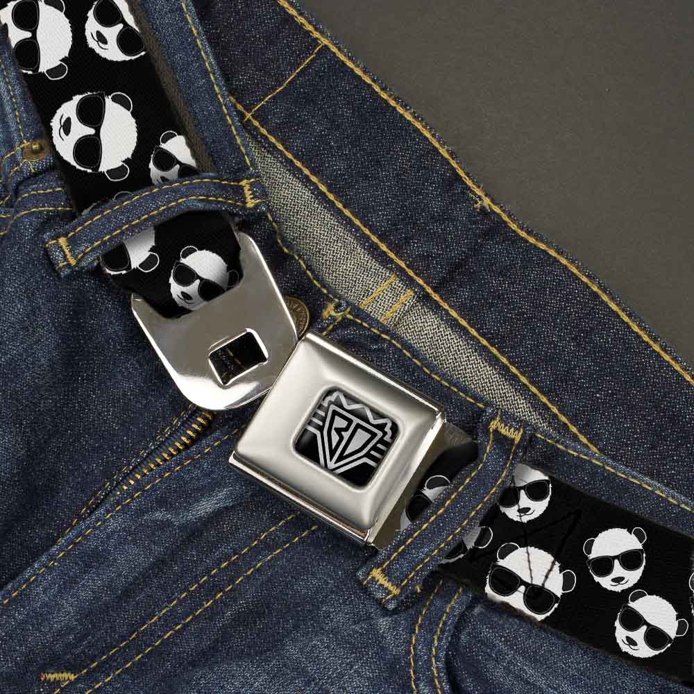 BD Wings Logo CLOSE-UP Full Color Black Silver Seatbelt Belt - Multi Panda w/Sunglasses Black/White Webbing Seatbelt Belts Buckle-Down