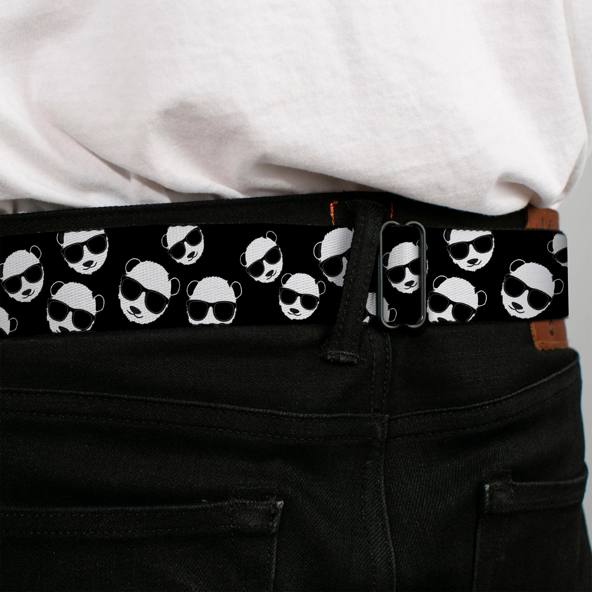 BD Wings Logo CLOSE-UP Full Color Black Silver Seatbelt Belt - Multi Panda w/Sunglasses Black/White Webbing Seatbelt Belts Buckle-Down