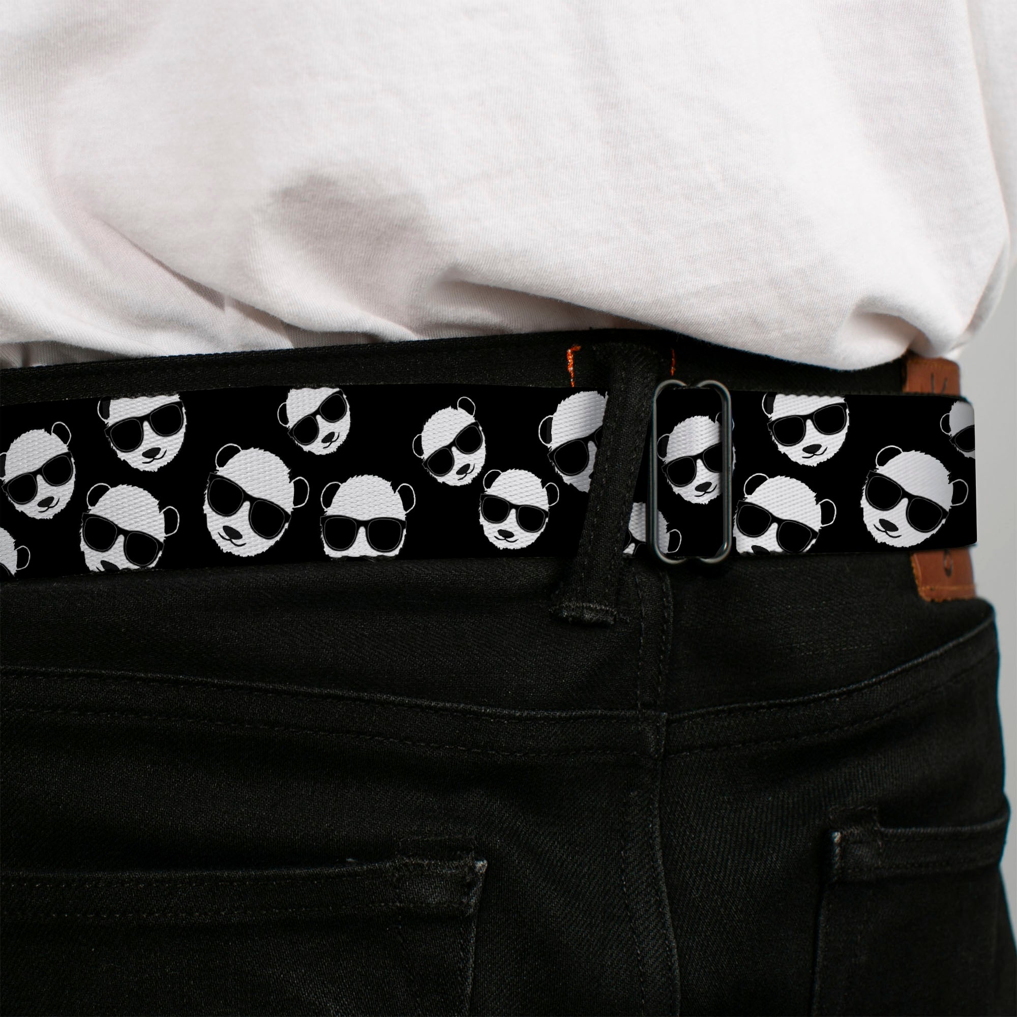 BD Wings Logo CLOSE-UP Full Color Black Silver Seatbelt Belt - Multi Panda w/Sunglasses Black/White Webbing Seatbelt Belts Buckle-Down