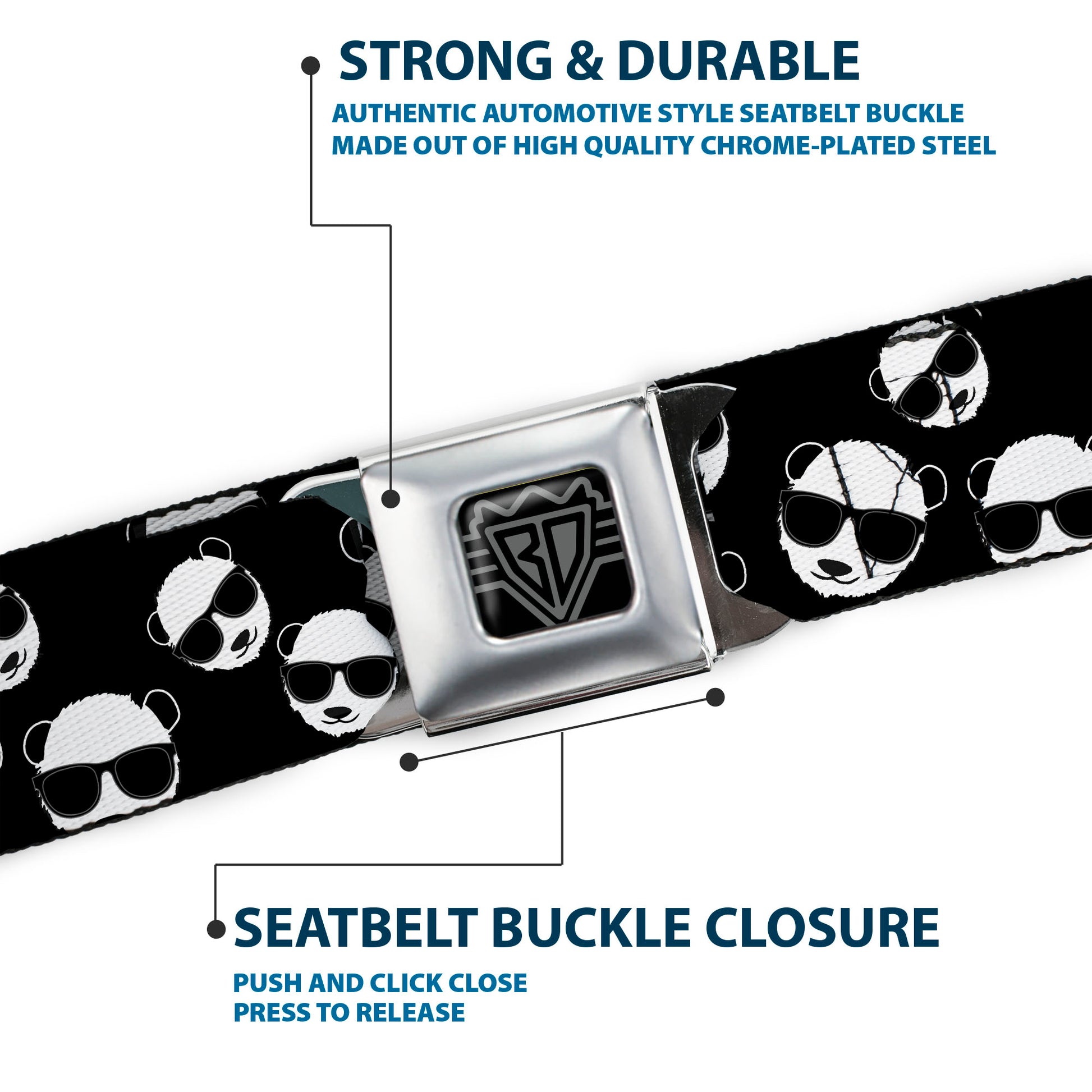BD Wings Logo CLOSE-UP Full Color Black Silver Seatbelt Belt - Multi Panda w/Sunglasses Black/White Webbing Seatbelt Belts Buckle-Down
