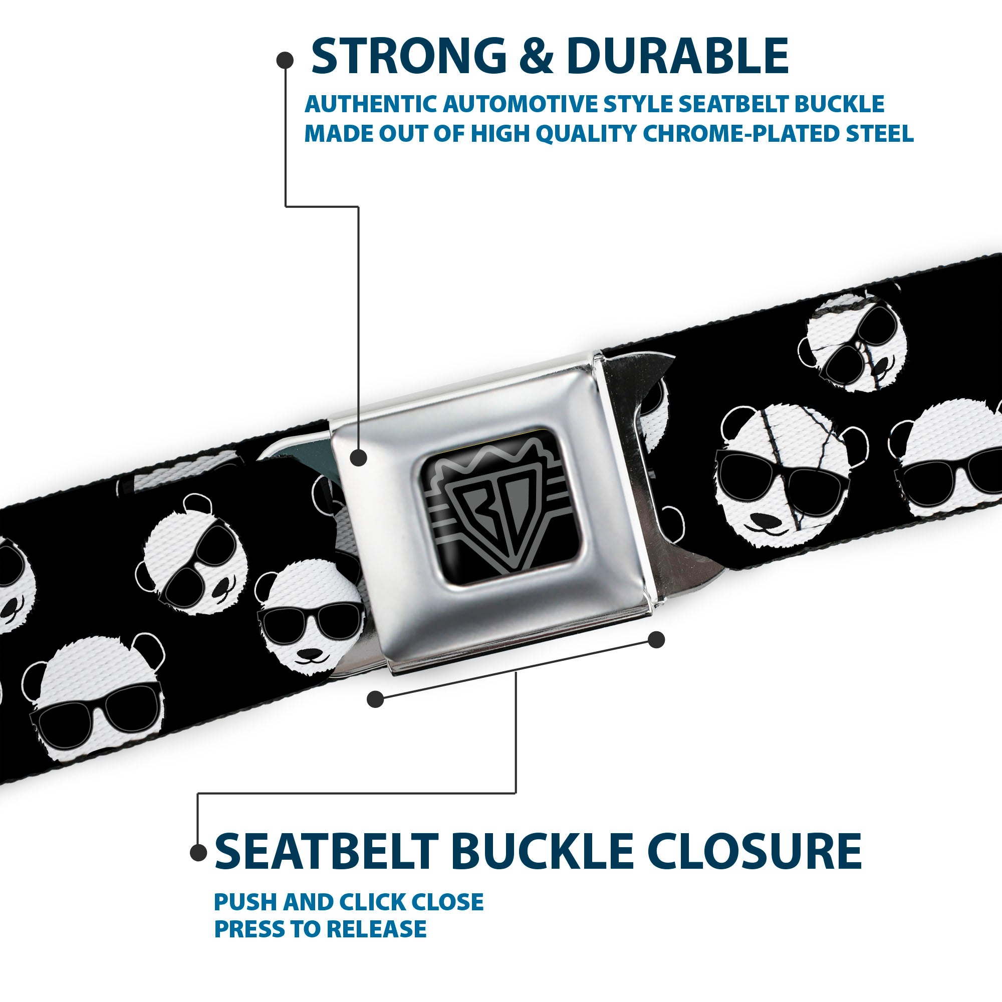 BD Wings Logo CLOSE-UP Full Color Black Silver Seatbelt Belt - Multi Panda w/Sunglasses Black/White Webbing Seatbelt Belts Buckle-Down