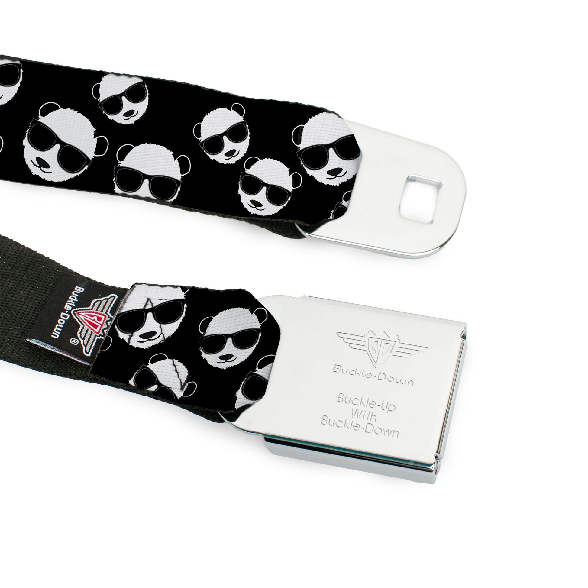 BD Wings Logo CLOSE-UP Full Color Black Silver Seatbelt Belt - Multi Panda w/Sunglasses Black/White Webbing Seatbelt Belts Buckle-Down