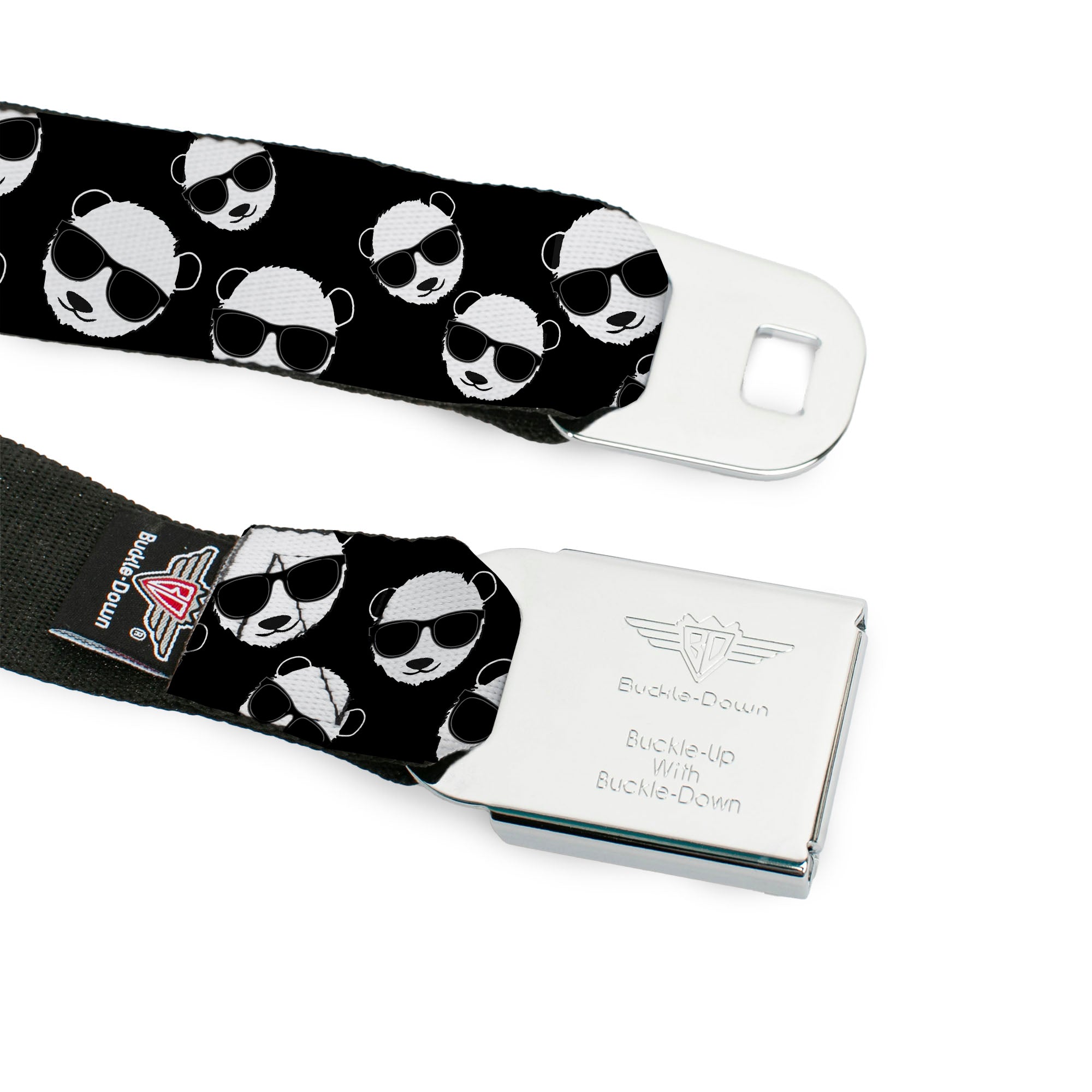 BD Wings Logo CLOSE-UP Full Color Black Silver Seatbelt Belt - Multi Panda w/Sunglasses Black/White Webbing Seatbelt Belts Buckle-Down