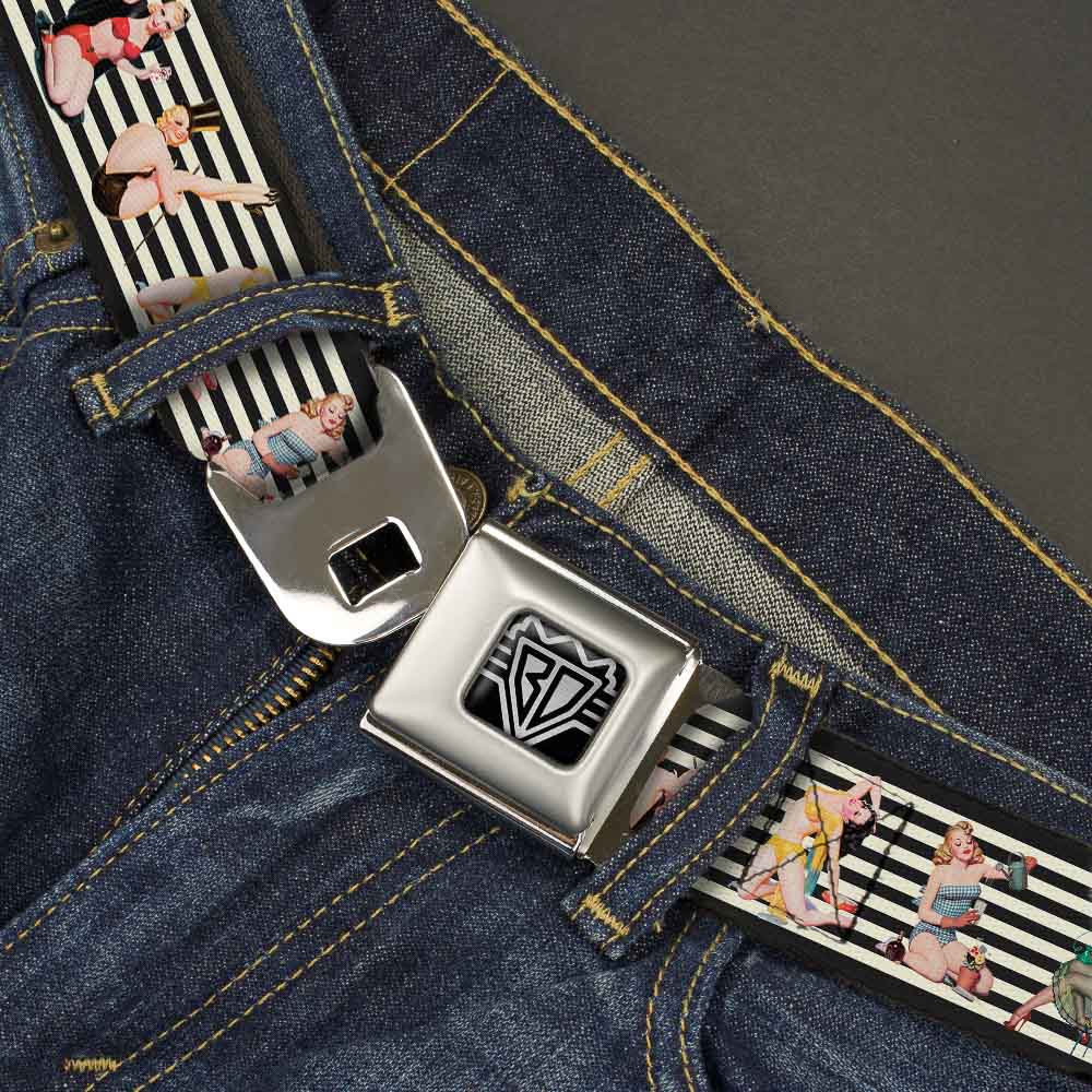 BD Wings Logo CLOSE-UP Full Color Black Silver Seatbelt Belt - Pin Up Girl Poses Stripe Black/White Webbing Seatbelt Belts Buckle-Down