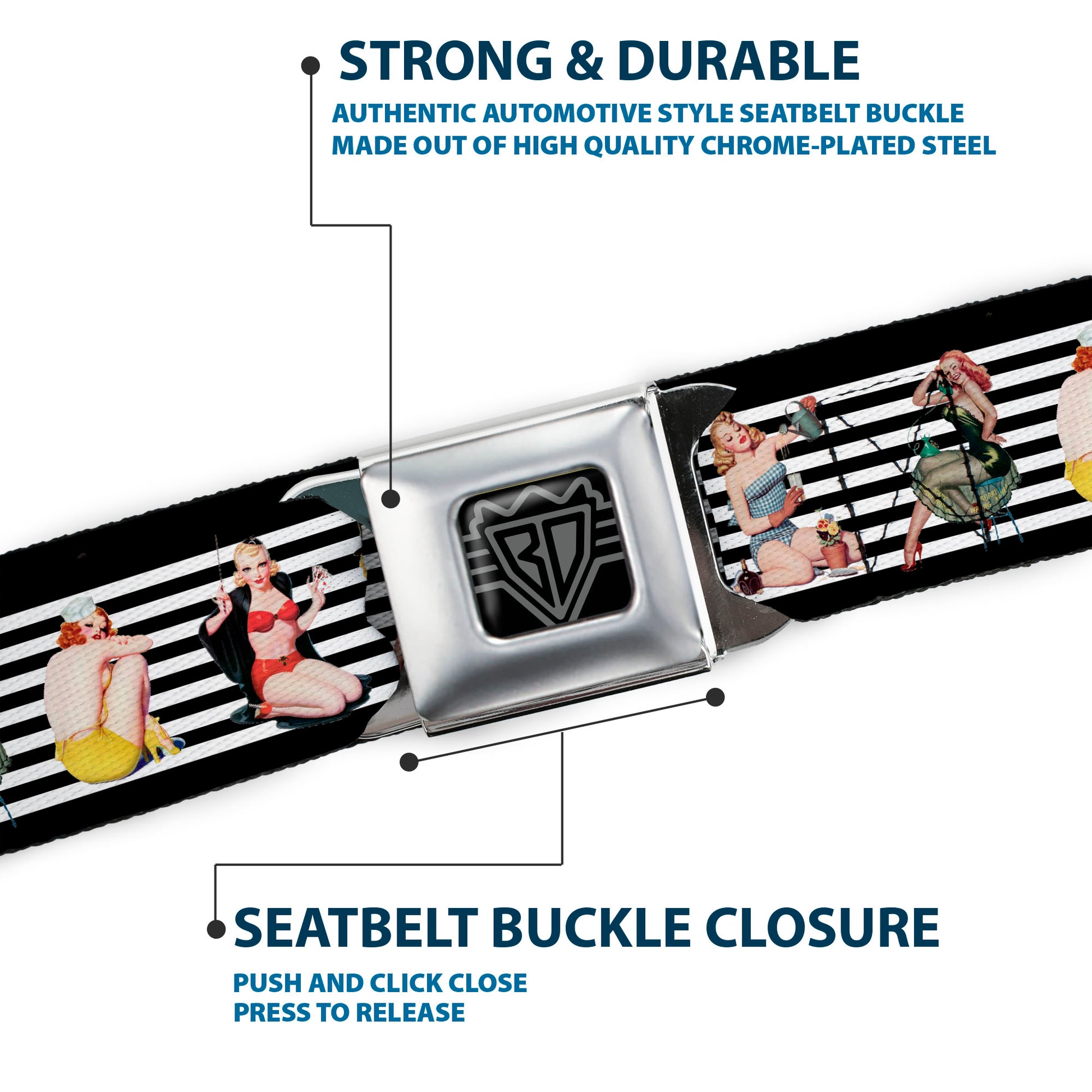 BD Wings Logo CLOSE-UP Full Color Black Silver Seatbelt Belt - Pin Up Girl Poses Stripe Black/White Webbing Seatbelt Belts Buckle-Down